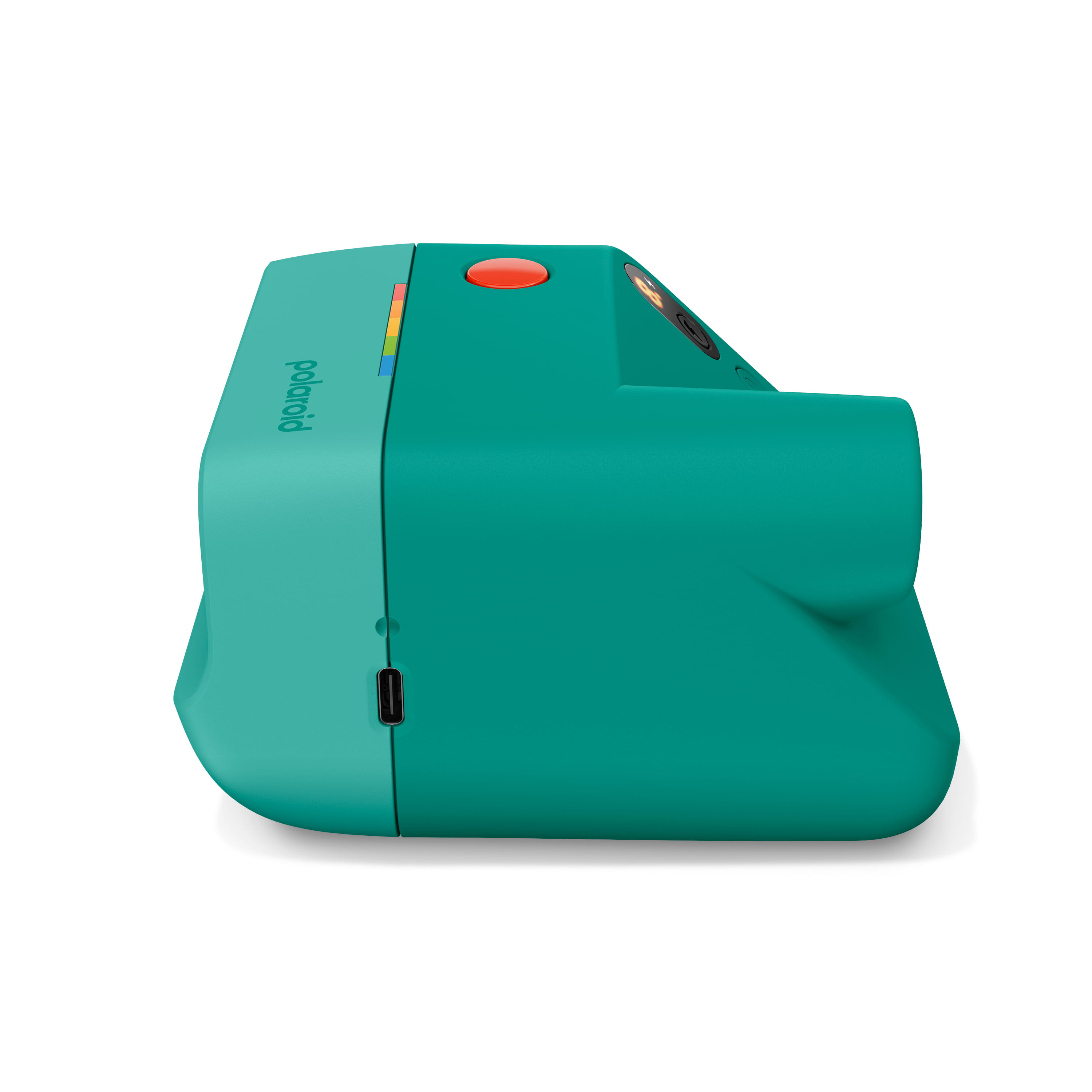 Rechte Seitenansicht der Polaroid Go Generation 3 in Türkis mit USB-C-Anschluss und Gehäuseprofil