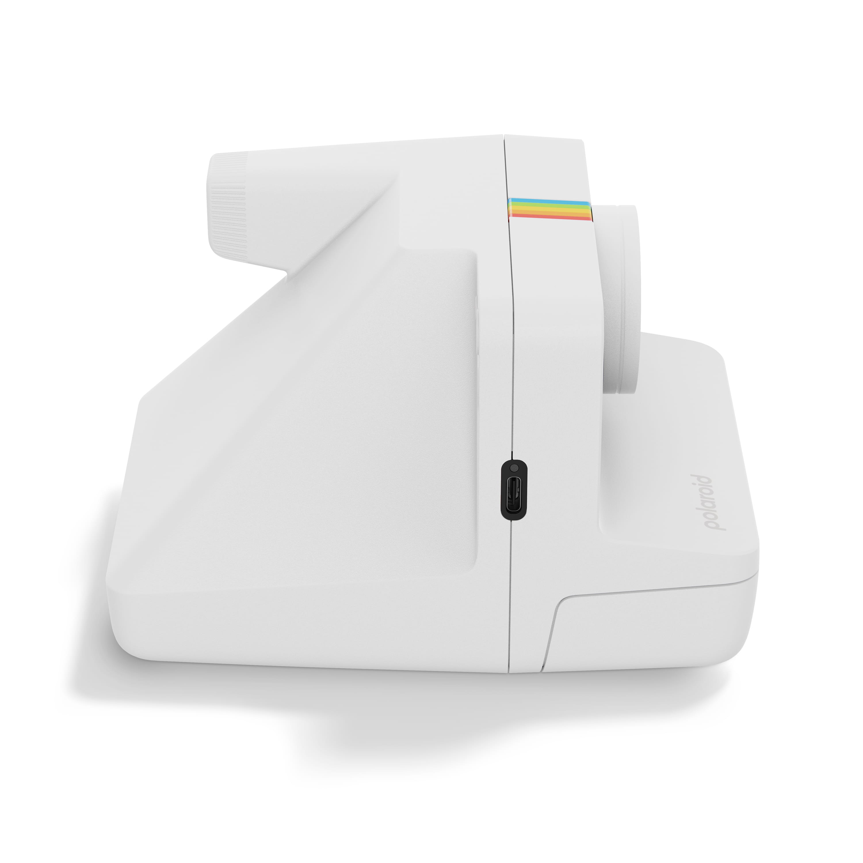 Polaroid Now Gen 3 Plus weiß – linke Seitenansicht mit Gehäuseform und Anschlussbereich