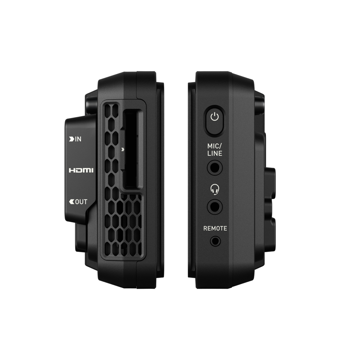 Atomos Ninja TX GO Monitor – linke Seitenansicht mit HDMI-Eingang und -Ausgang sowie Lüftungsgitter