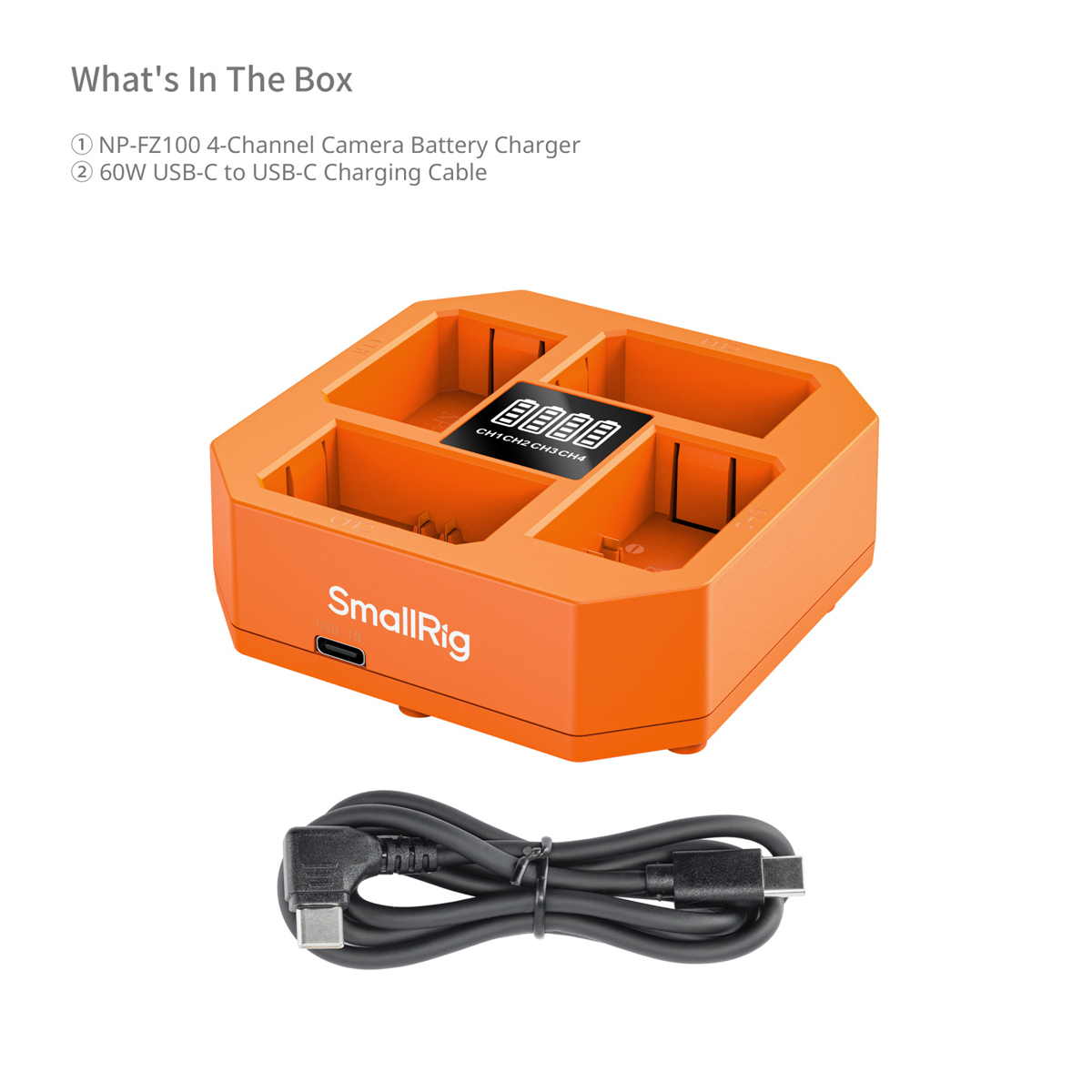 SmallRig 4839 4-Kanal Ladegerät für Sony NP-FZ100 – Lieferumfang mit USB-C Kabel und Ladegerät