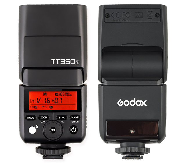 Godox TT350S Blitz für Sony – Vorder- und Rückansicht mit Display, Bedienelementen und Blitzkopf