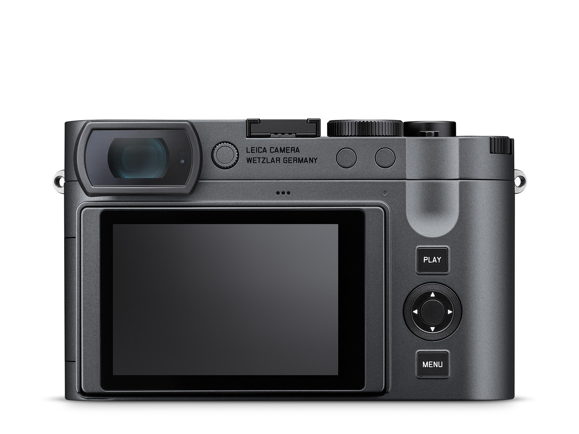 Rückseite der Leica Q3 in Metal Gray mit Display, Sucher und Bedienelementen