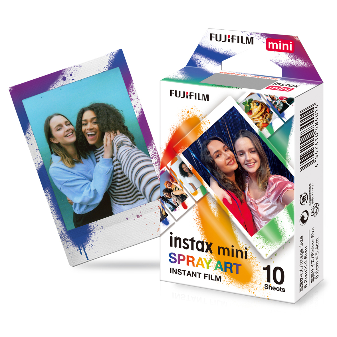 Fujifilm Instax Mini Spray Art – Schrägansicht der Verpackung mit buntem Sprühfarbendesign und Beispielbildern