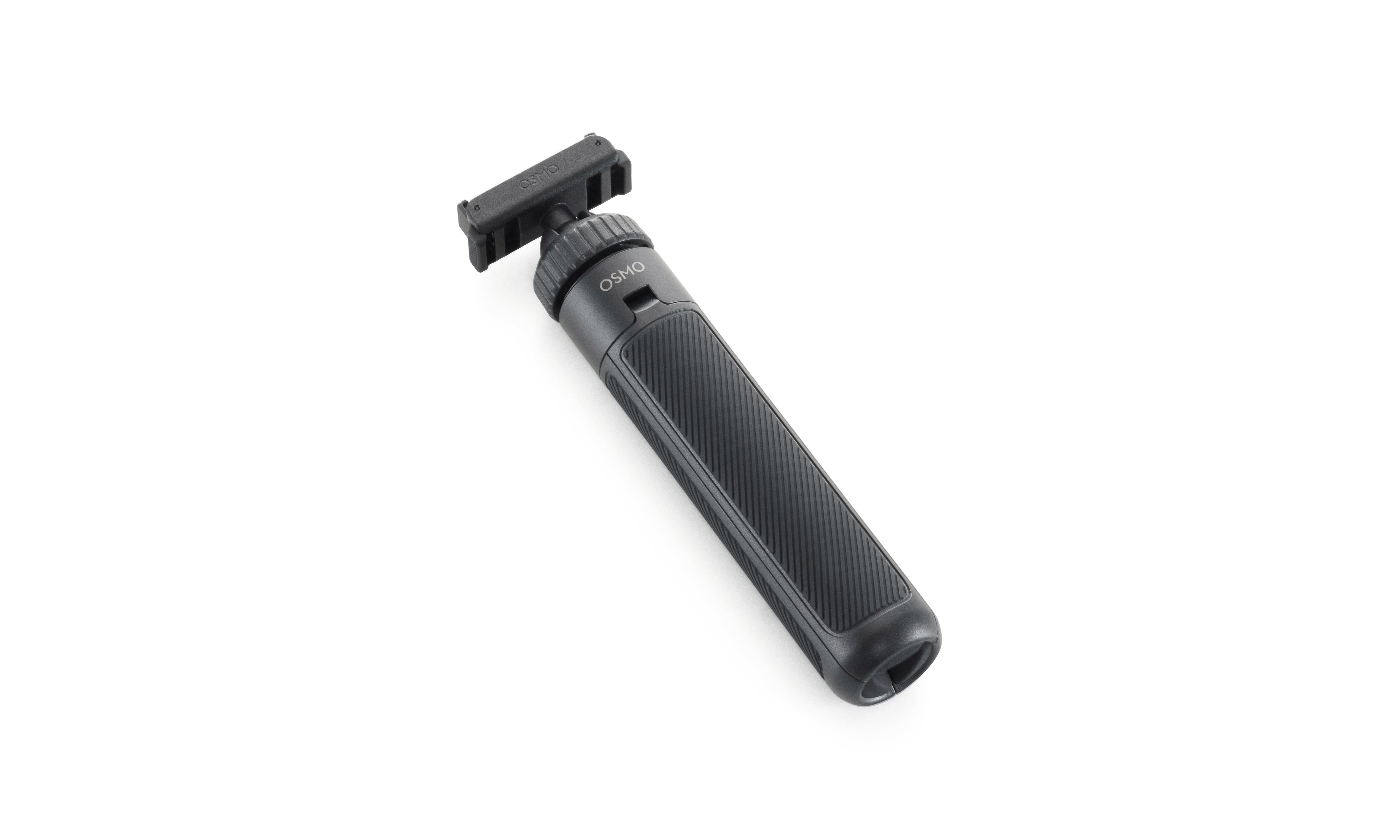 Osmo Action Dual-Direction Mini-Verlängerungsstab DJI Osmo Action 6 Mini-Stativ – zusammengeklappter Griff in schräger Perspektive mit sichtbarer Gummistruktur