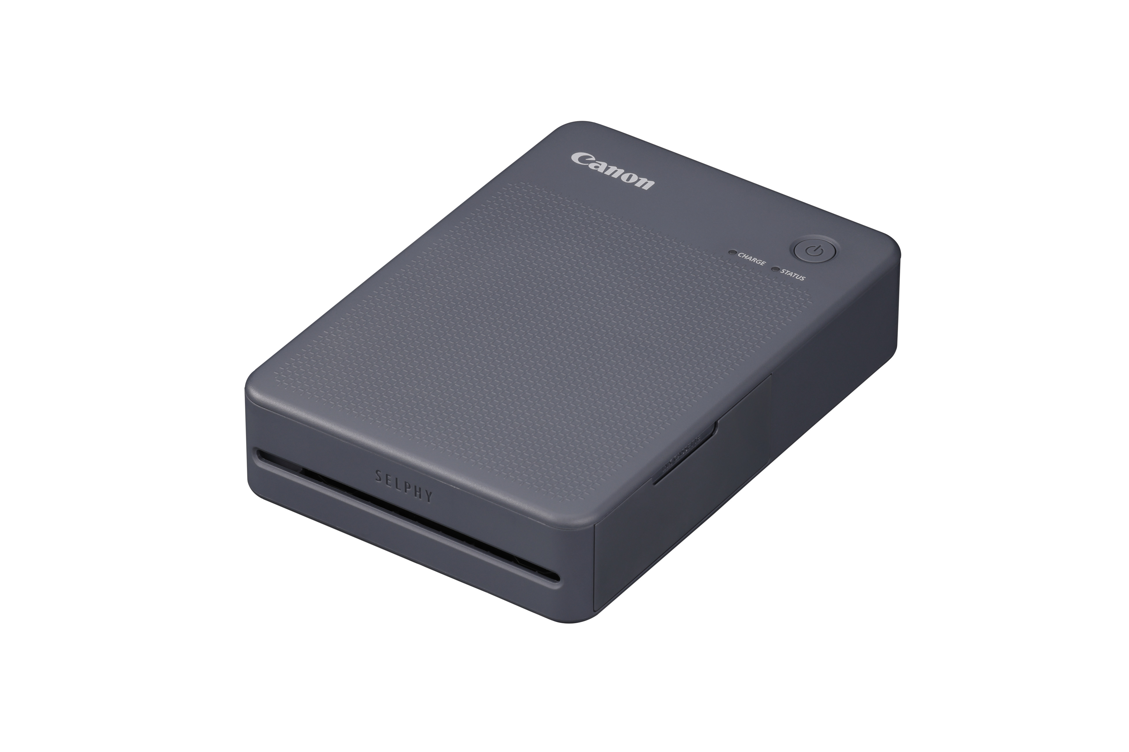 SELPHY QX20 Fotodrucker (dunkelgrau) Canon Selphy X20 Mobiler Fotodrucker in der Farbe Dunkelgrau, Schräg liegend mit Druckschlitz sichtbar