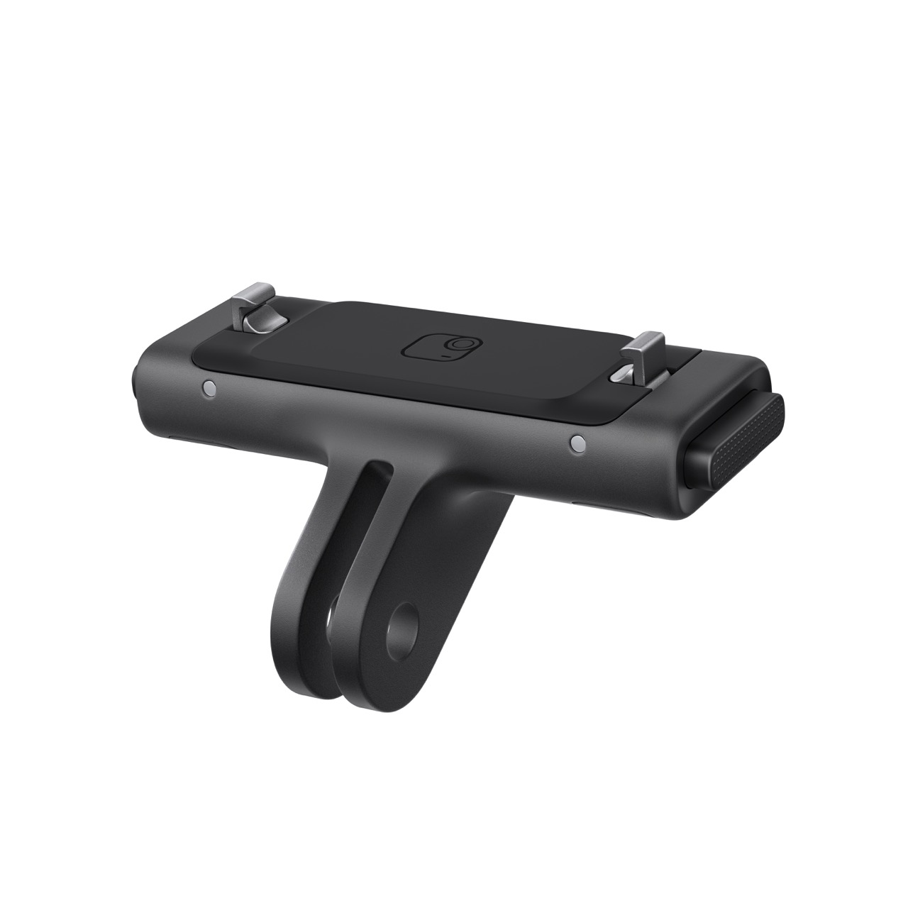 Schnellspann-Halterung für Insta360 GO Ultra in schräger Ansicht mit Verriegelung, kompakter Bauform und Befestigungsbügel