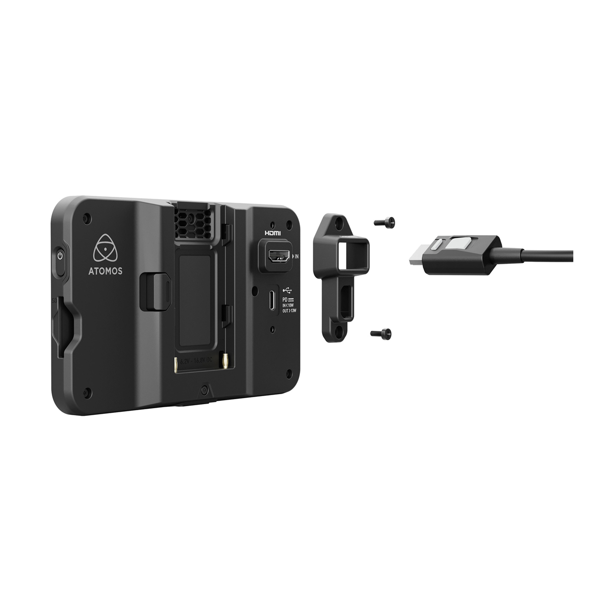 Shinobi II HDMI 5.2" Atomos Shinobi II HDMI 5.2", Rückseite mit Kabel und Kabelahlterung