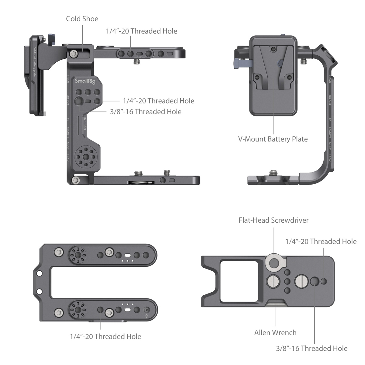 SmallRig 4124 Cage Kit für Sony FX6 – Detailansicht mit Gewindeanschlüssen, Werkzeug und Montagepunkten