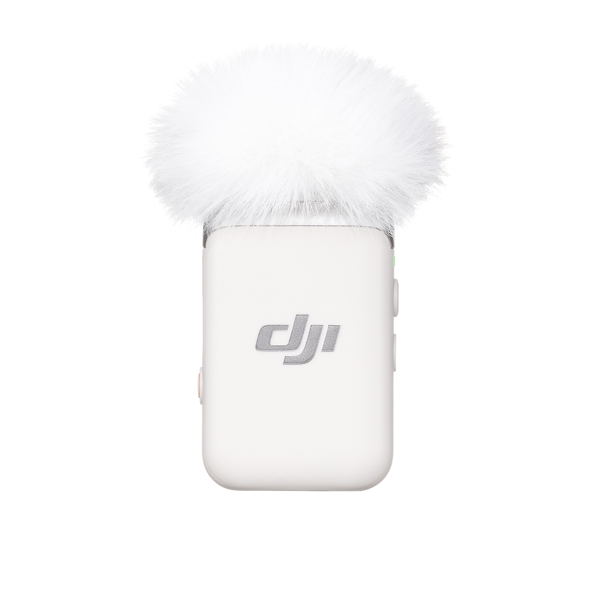 DJI Mic 2 Sender in Pearl White mit aufgesetztem Windschutz, obere Ansicht des kompakten Funkmikrofons