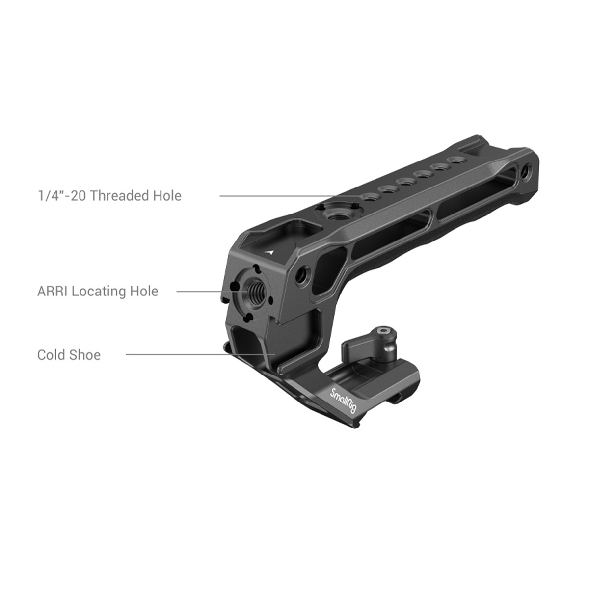 SmallRig NATO Top Griff Lite – Detailansicht mit 1/4-Zoll-Gewinde, ARRI-Aufnahme und Cold-Shoe-Halterung