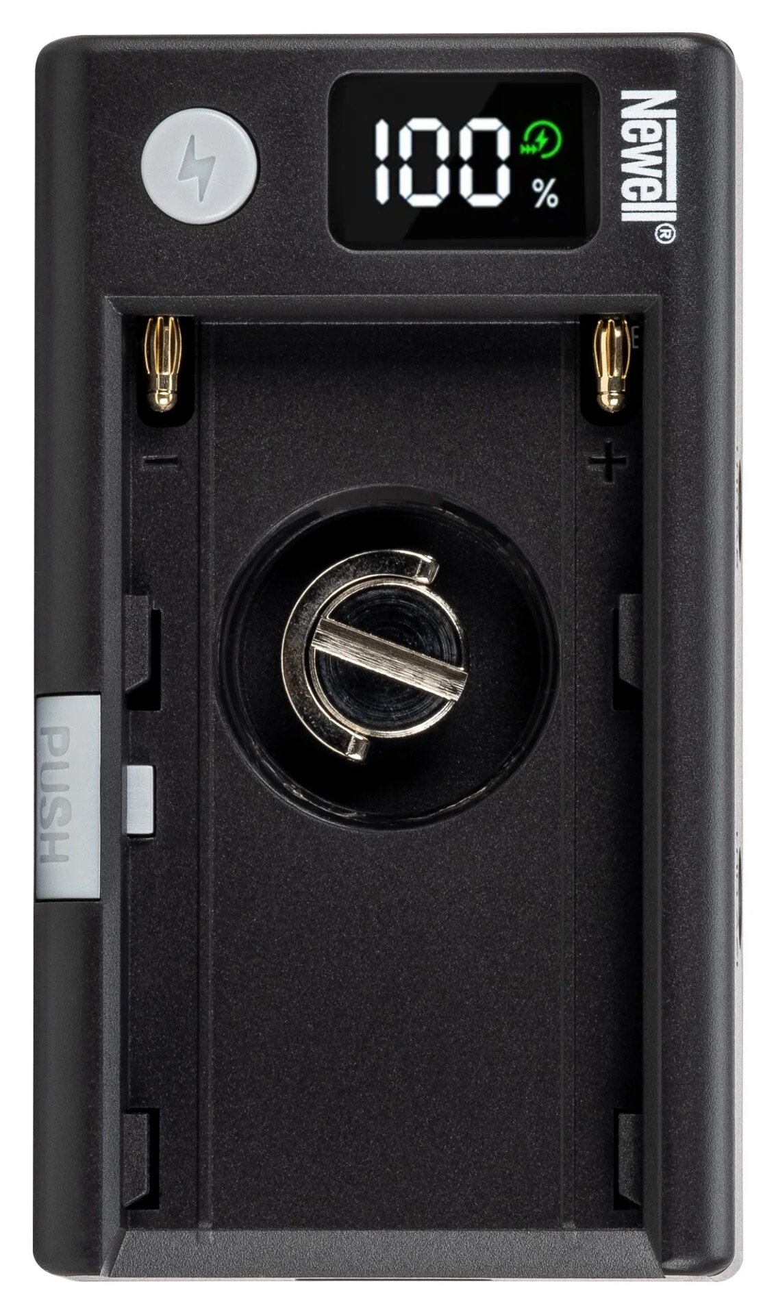 Newell DC-USB Universal Adapter für NP-F Akkus, Vorderansicht mit Display und Kontakten