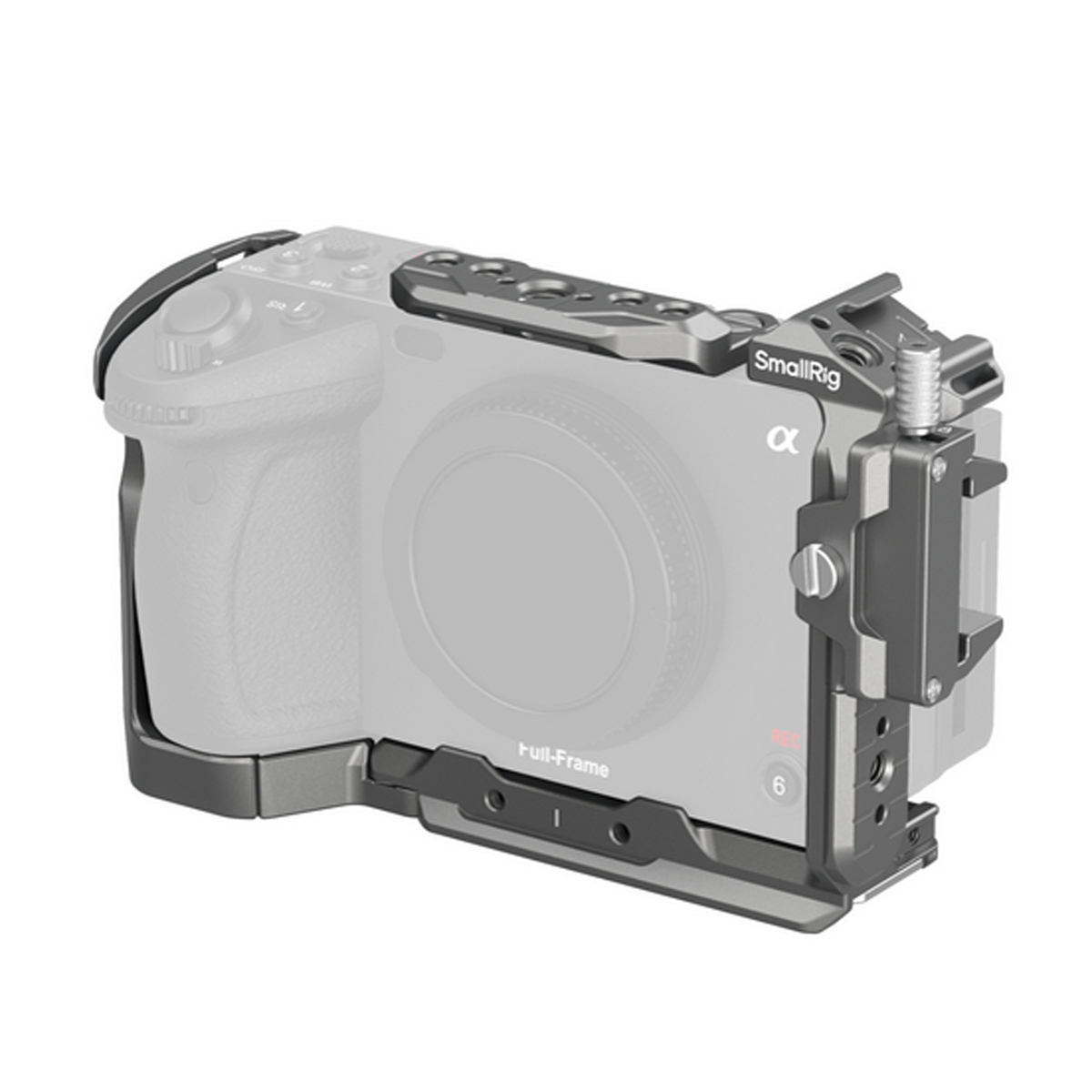 SmallRig 4770 HawkLock QR Cage Kit für Sony FX3 und FX30 mit montiertem Kamerarahmen und Zubehörhalter