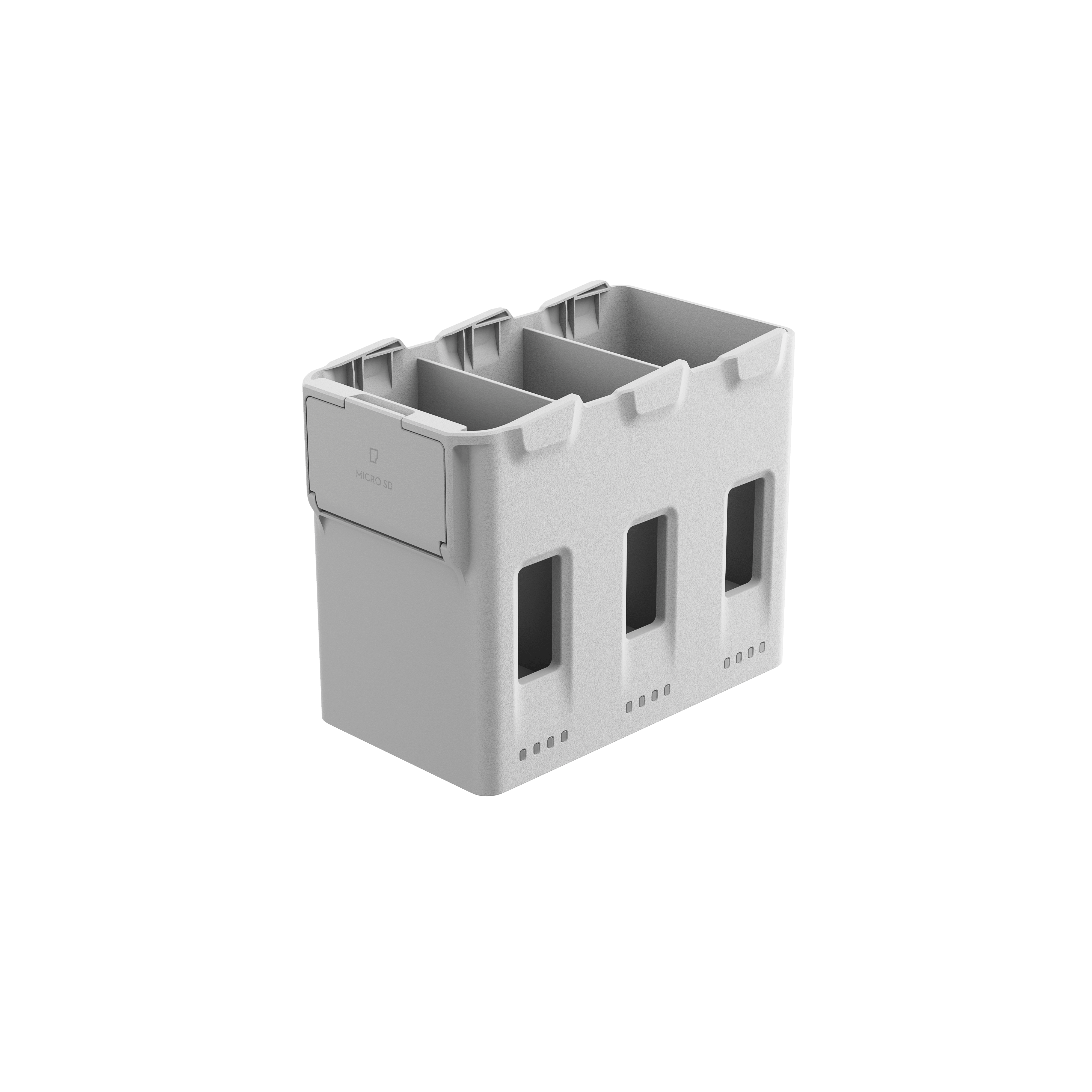 DJI Zweiwege-Ladestation für Lito 1 in schräger Ansicht mit drei Akkuschächten und Gehäusedetails