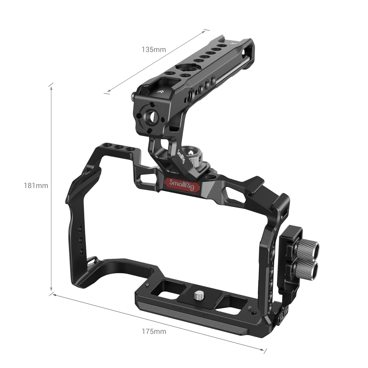 SmallRig 3830B Handheld Kit – Übersicht mit Abmessungen von Cage und Top-Handle für Canon EOS R5 und R6