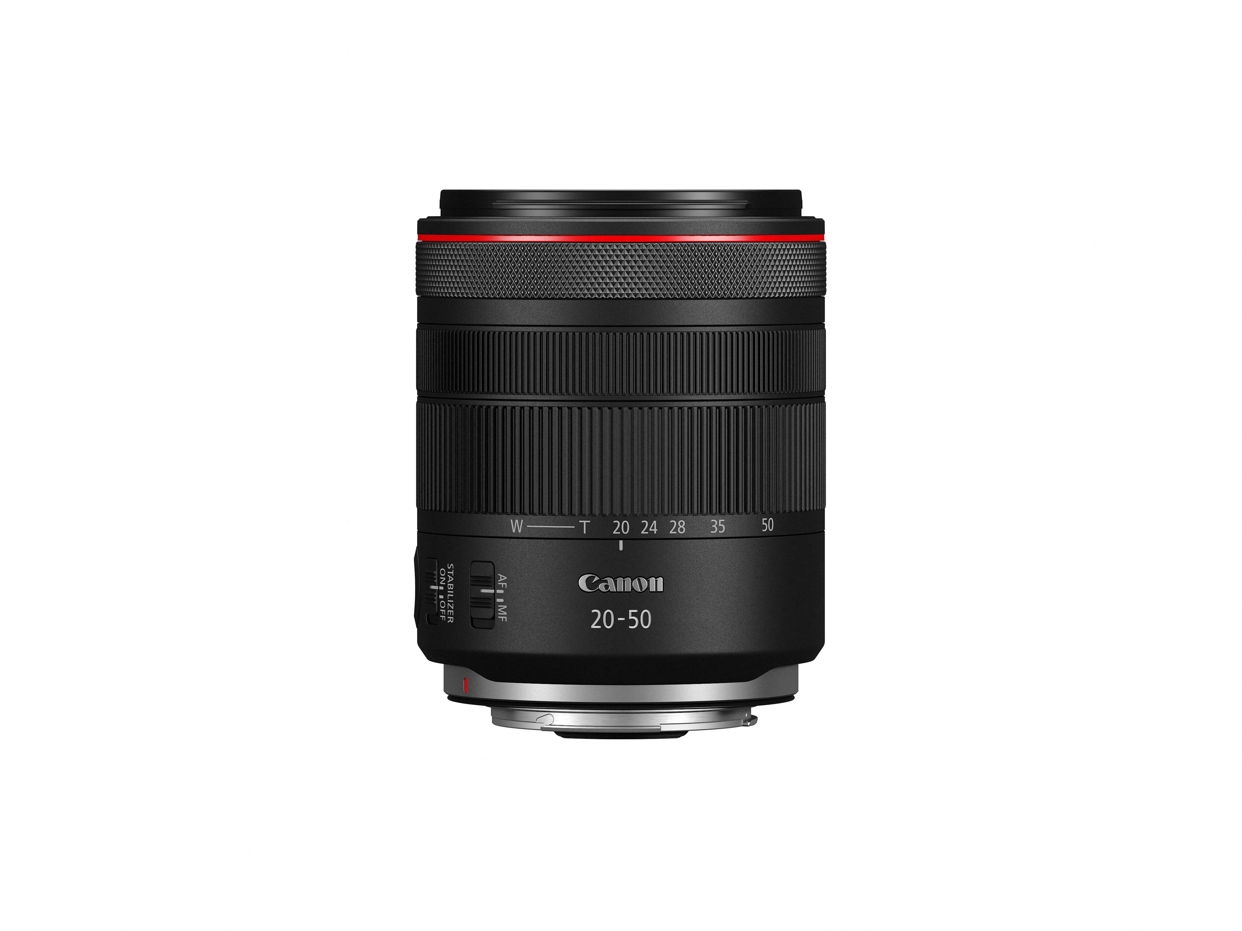 Canon RF 20-50mm F4L IS USM PZ Zoomobjektiv in Vorderansicht mit Zoomring und Bedienelementen