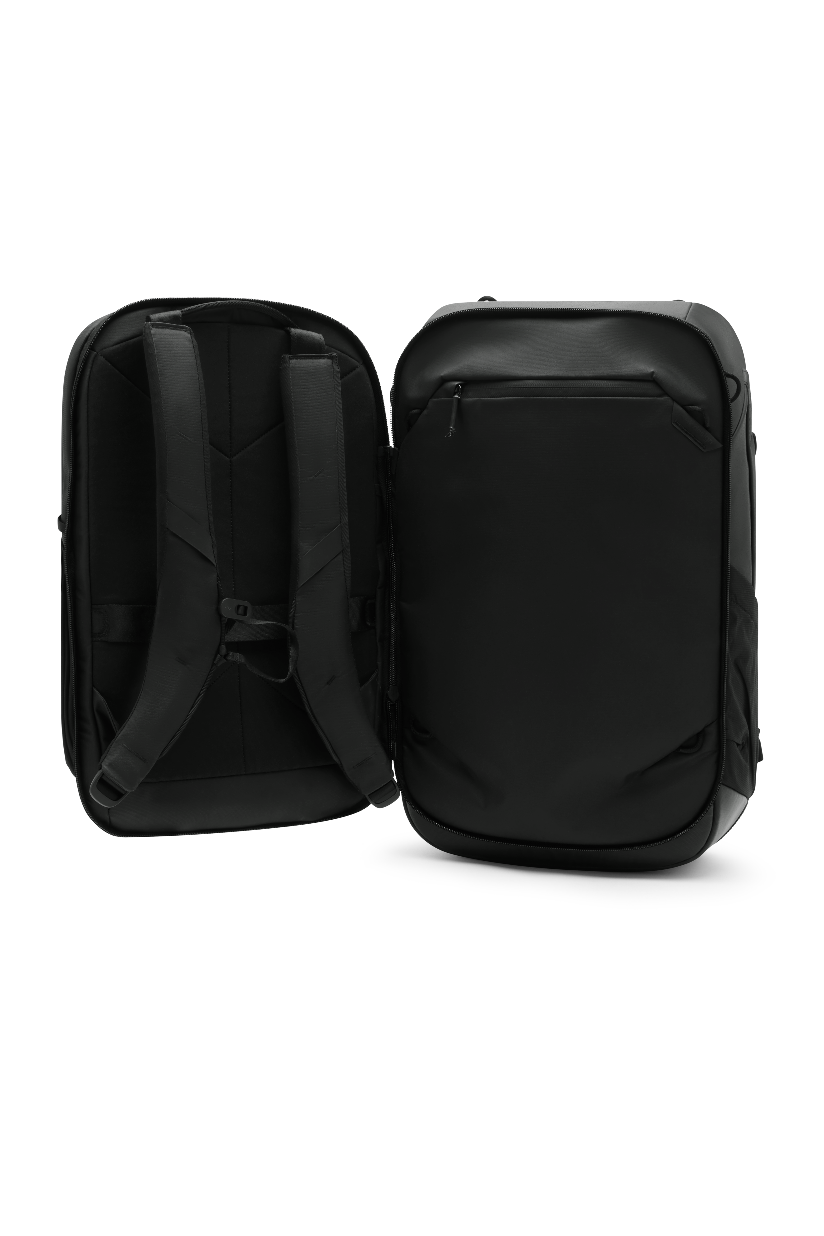 Peak Design Travel Backpack 2in1 in Schwarz, vollständig geöffnet mit sichtbaren Tragegurten und Innenbereich.