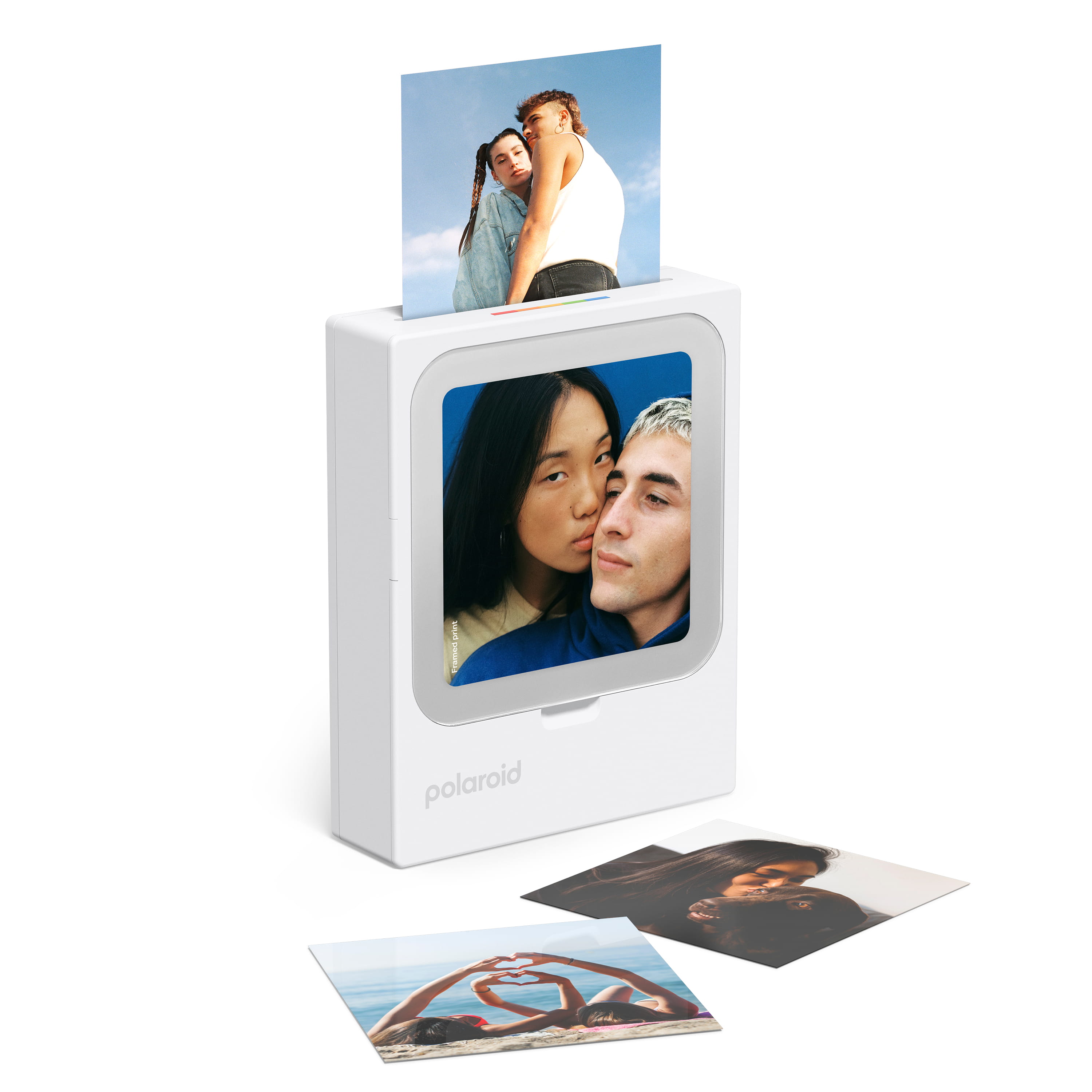 Polaroid Hi-Printer 3x3 – Vorderansicht des kompakten Fotodruckers mit ausgegebenem Sofortbild