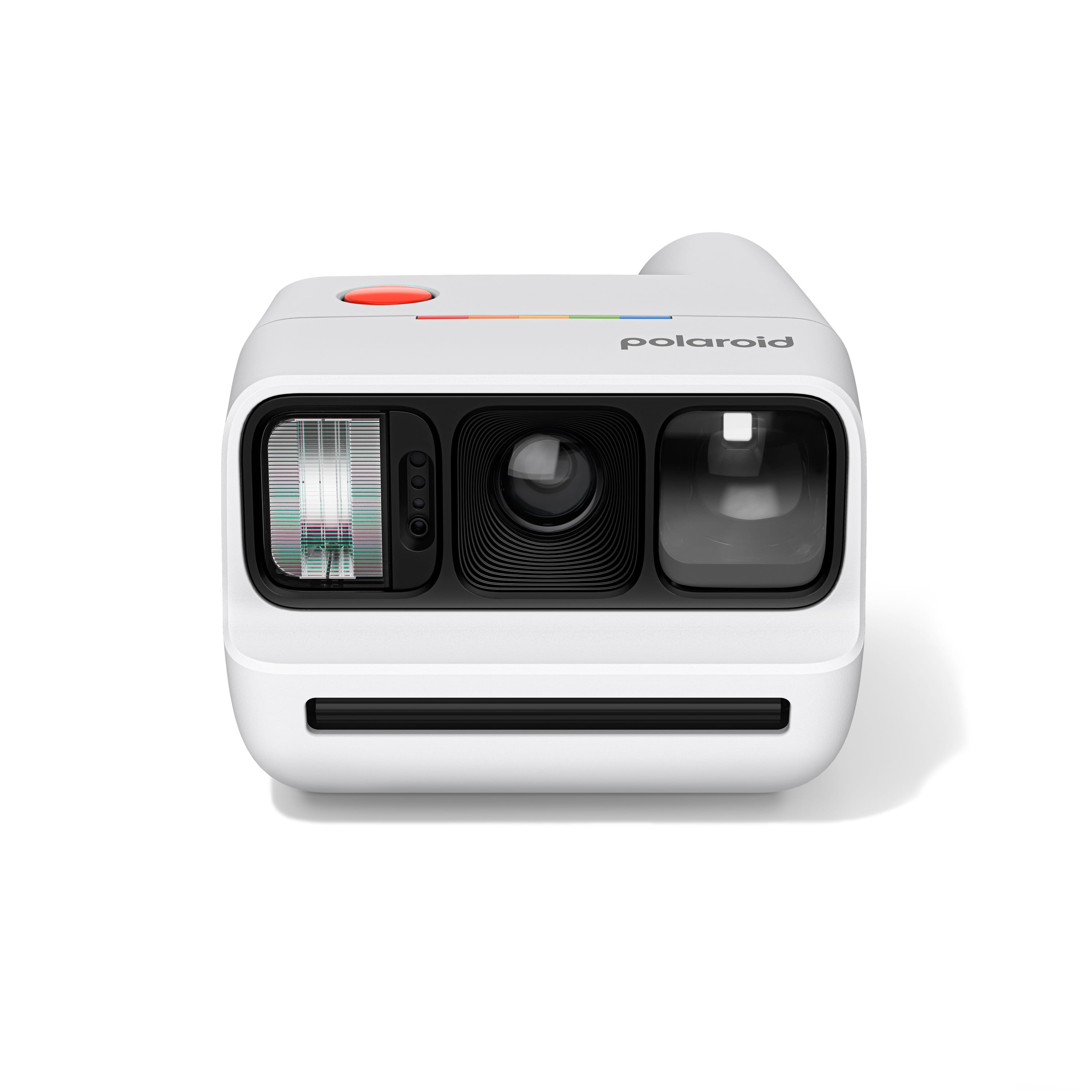 Polaroid Go Generation 3 in Weiß in frontaler Ansicht mit Objektiv, Blitz und Filmausgabe