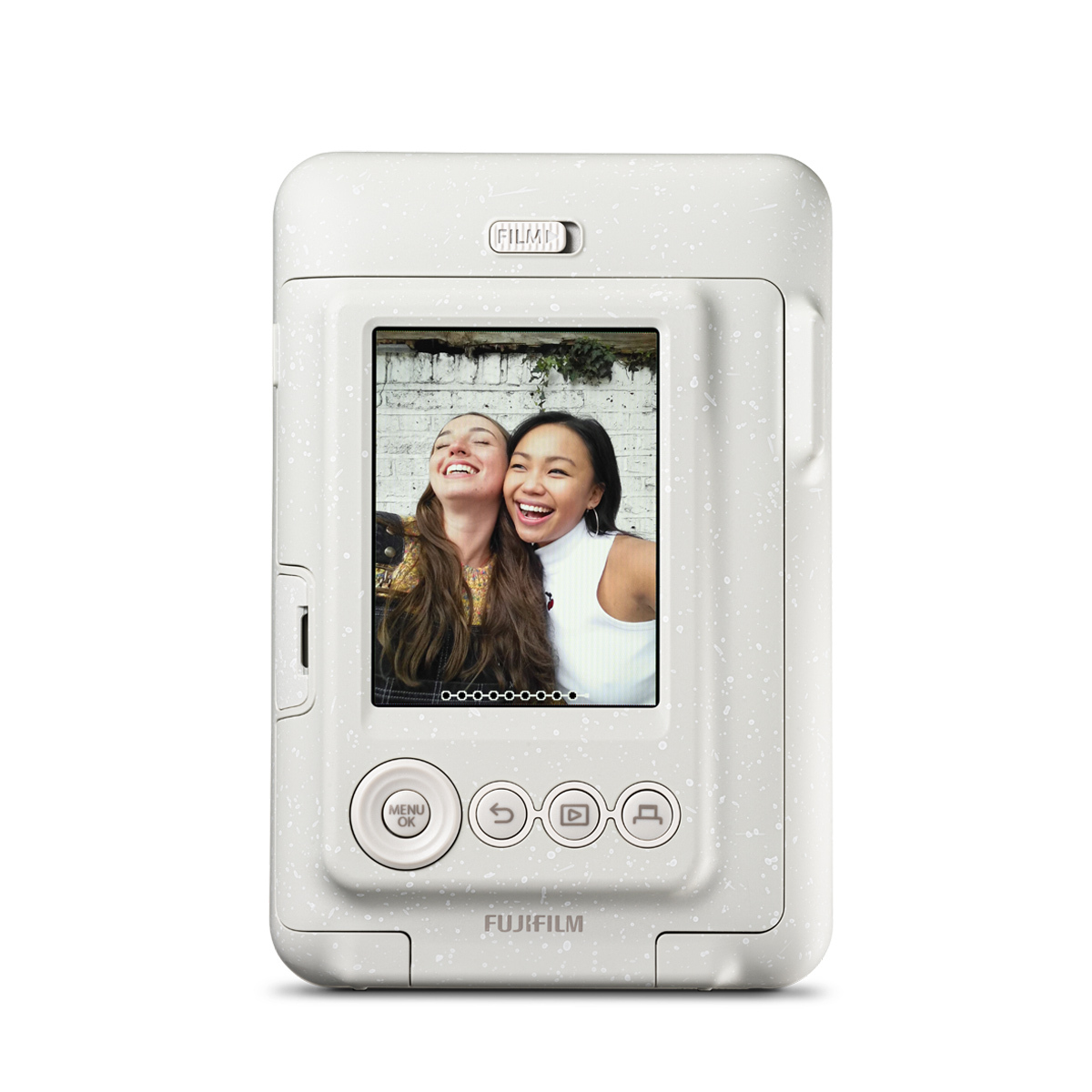 Fujifilm Instax Mini LiPlay Misty White – Rückseite mit Display, Bedientasten und angezeigtem Foto