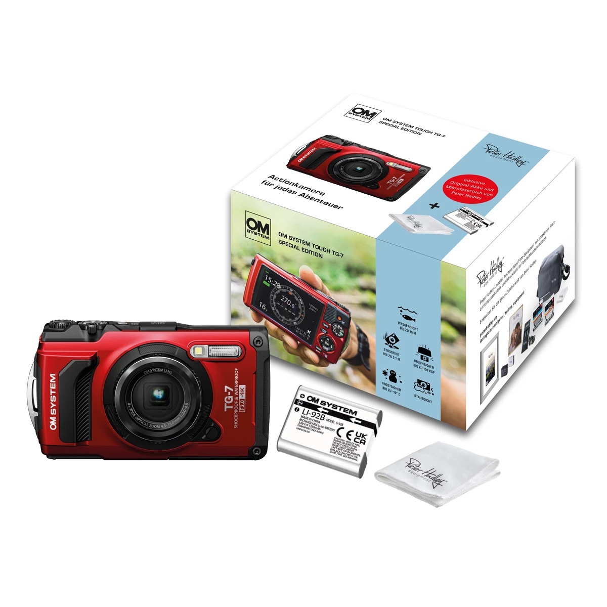 TG-7 + Akku + Tuch – Peter Hadley Special Edition (rot) TG-7 + Akku + Tuch – Peter Hadley Special Edition (rot)