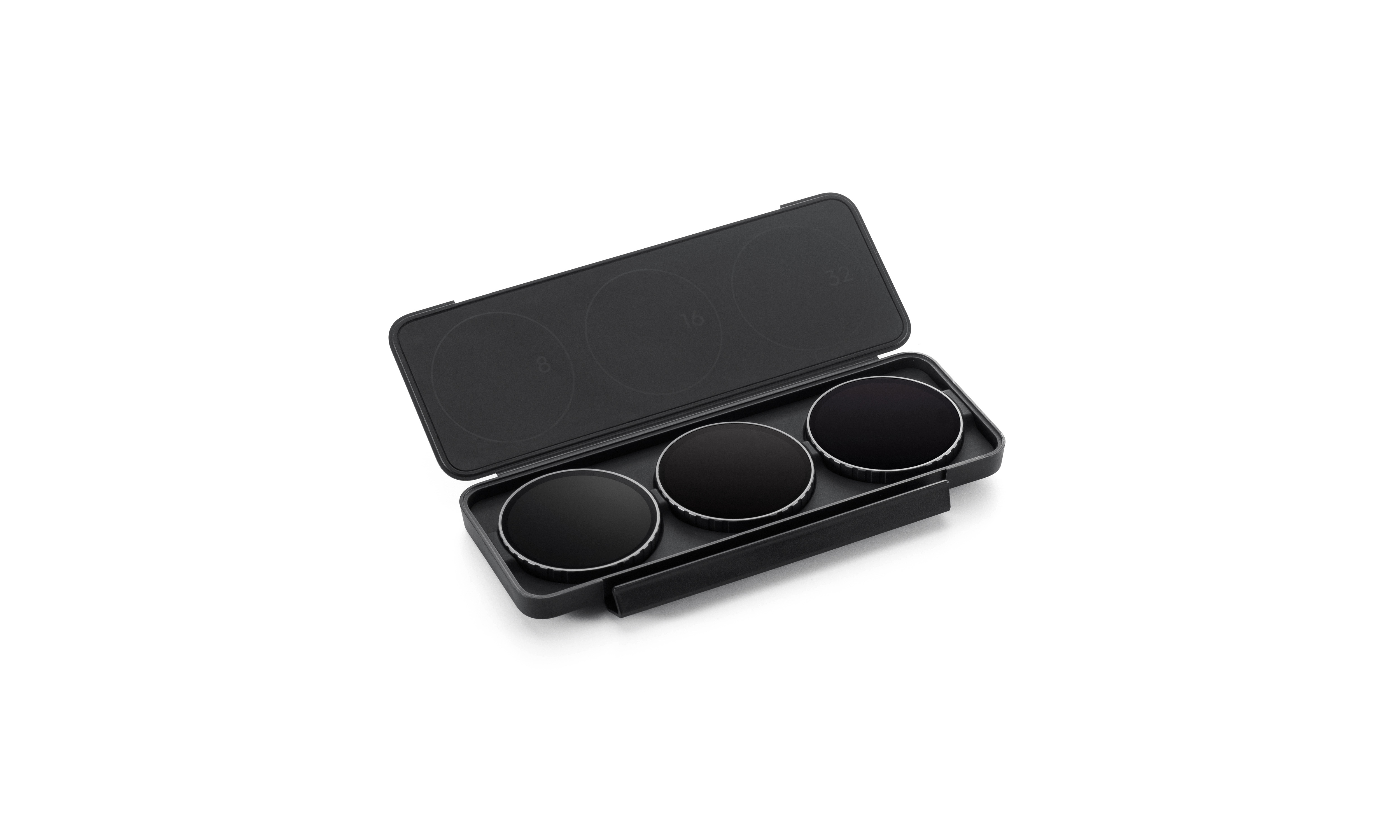ND Filter Set für DJI Osmo Action 6 DJI Osmo Action 6 ND-Filterset – ND8-, ND16- und ND32-Filter sauber in der geöffneten Transportbox eingesetzt