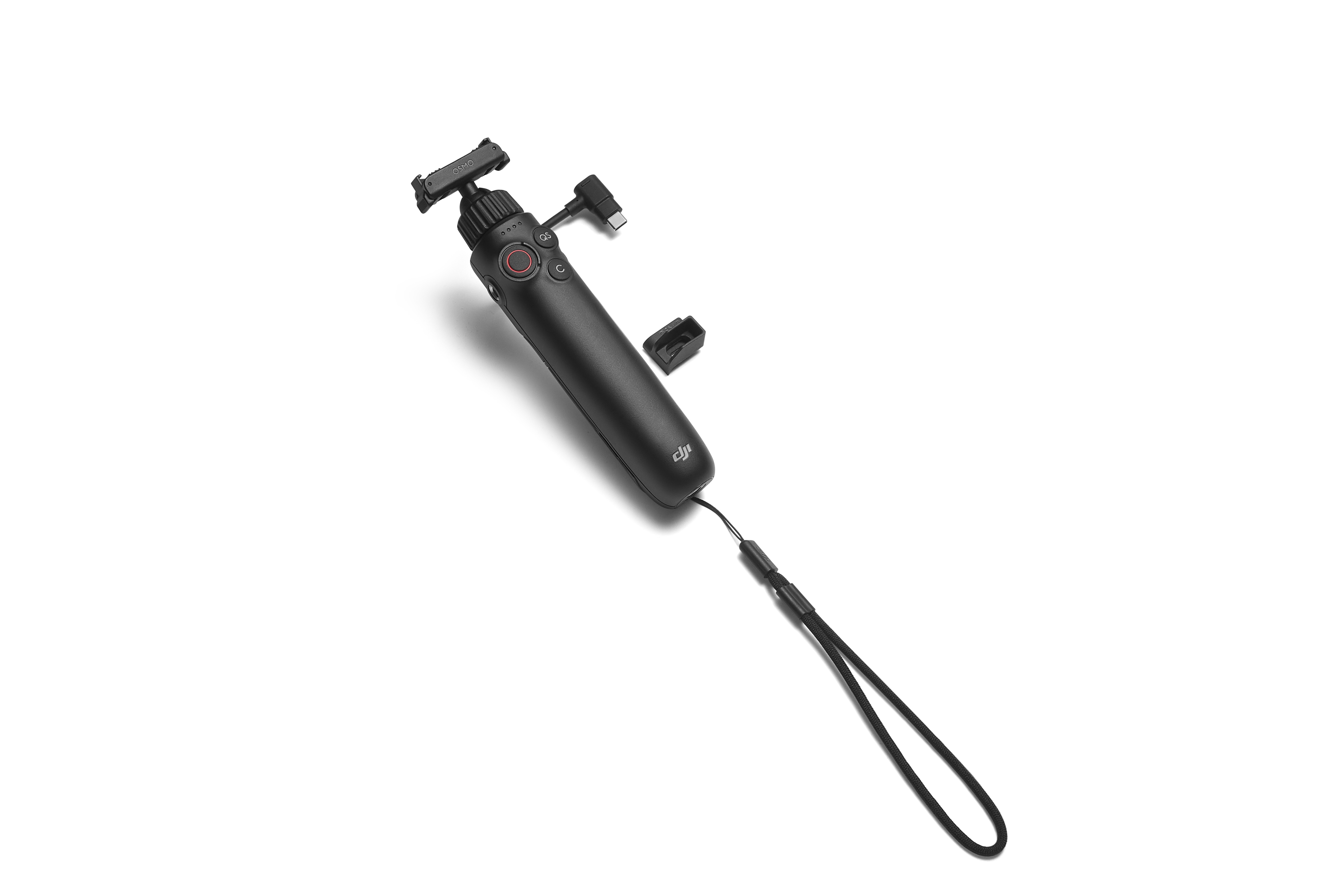 Osmo Action Dual-Direction Akkugriff DJI Osmo Action 6 Control Grip – schräge Ansicht des Steuergriffs mit montierter Handschlaufe und Seitenadapter