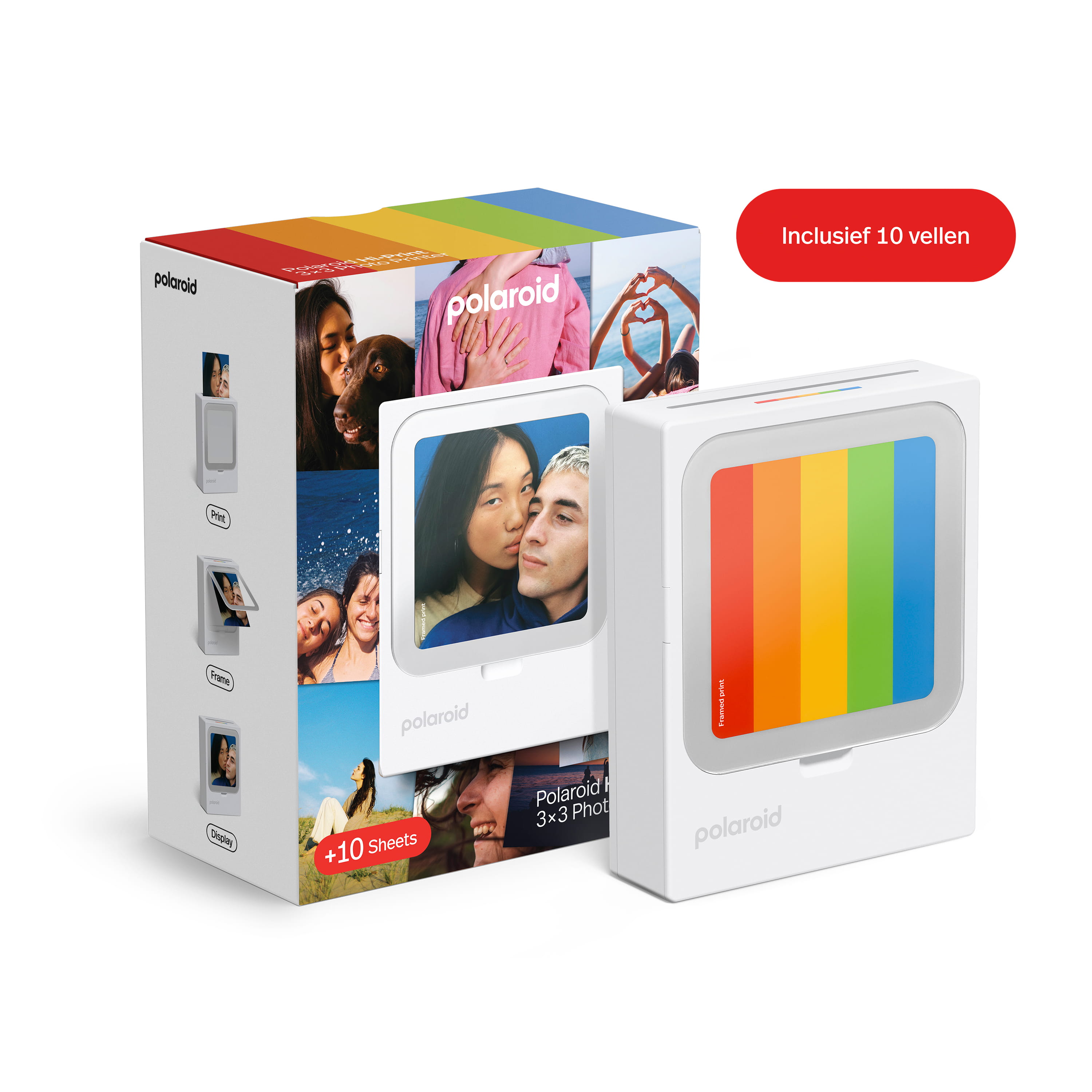 Polaroid Hi-Printer 3x3 – Drucker neben Verpackung mit Farbkartusche und Hinweis auf enthaltene Fotoblätter