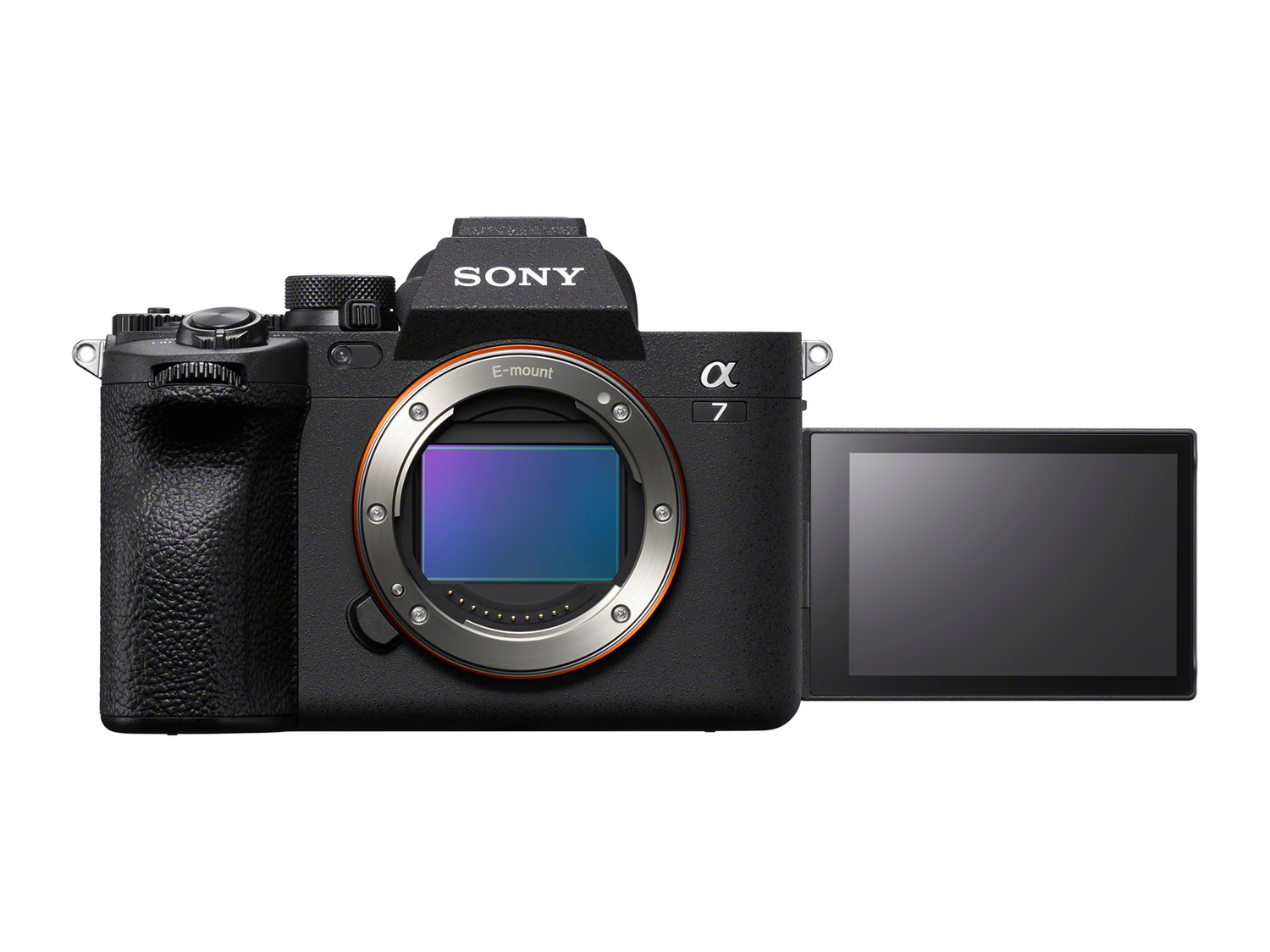 sony Alpha 7 IV – Vorderansicht ohne Objektiv mit sichtbarem Sensor und seitlich ausgeklapptem Display