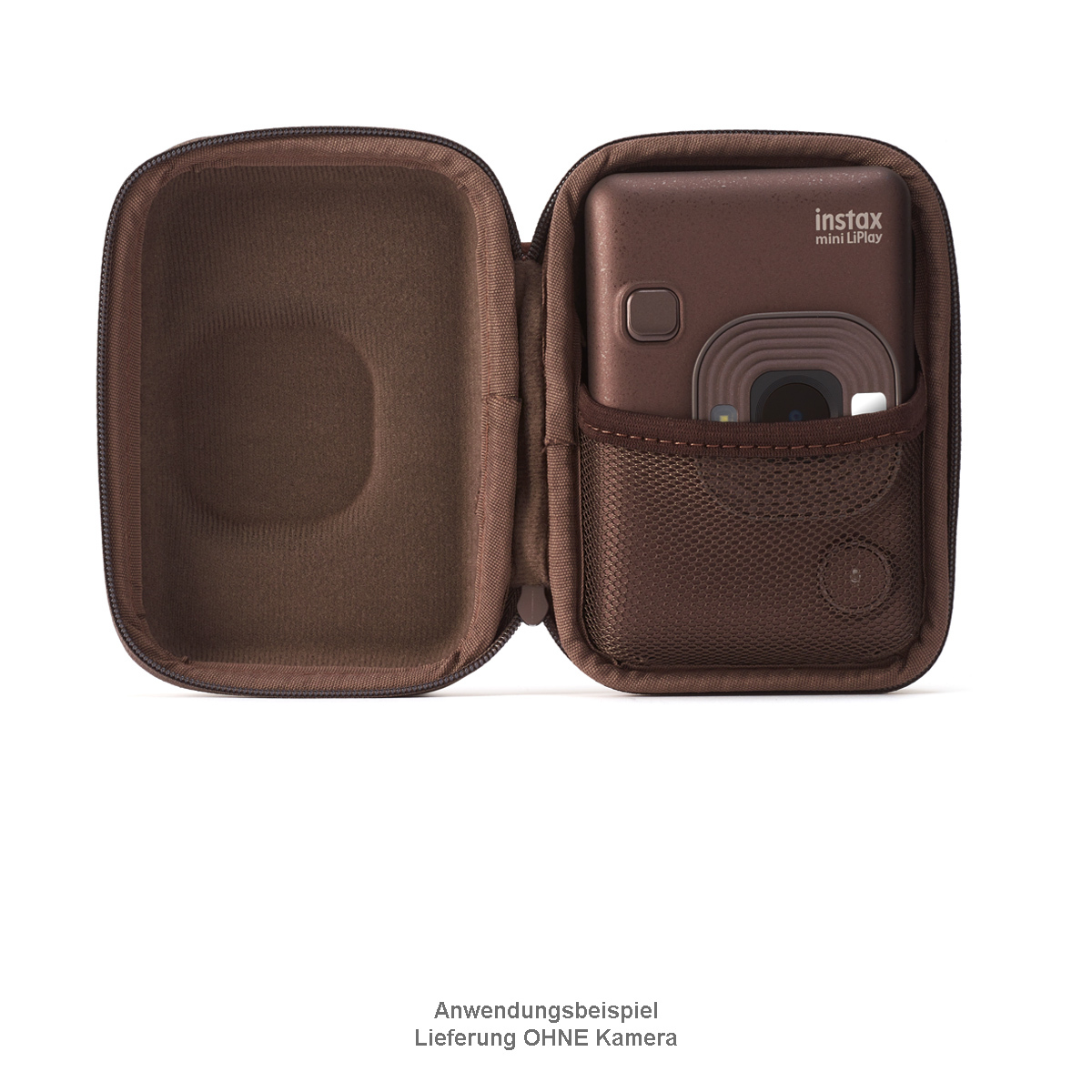 Fujifilm Instax Mini LiPlay Case Deep Bronze – geöffnete Schutzhülle mit eingesetzter Kamera und Netzfach innen