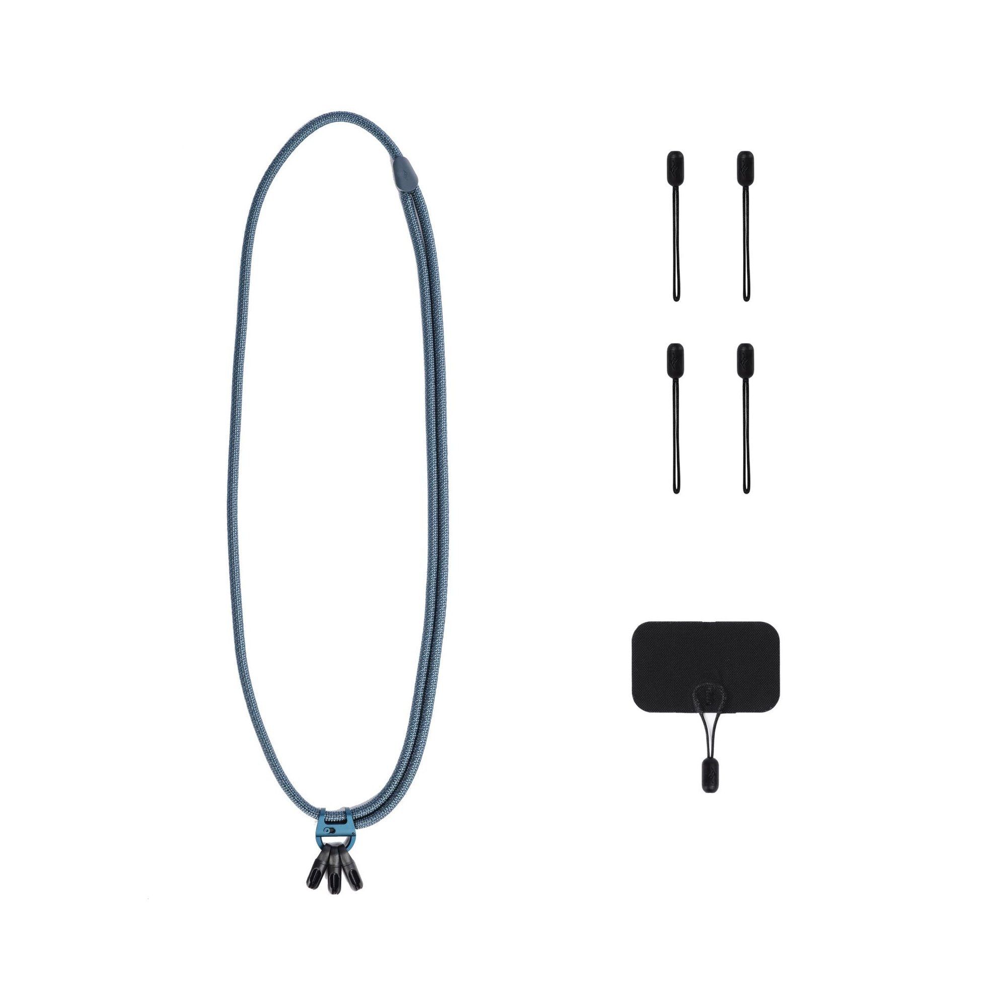 Lieferumfang des Peak Design Mobile Crossbody Multi-Strap in Ocean mit Ankerschlaufen und Montagepad.