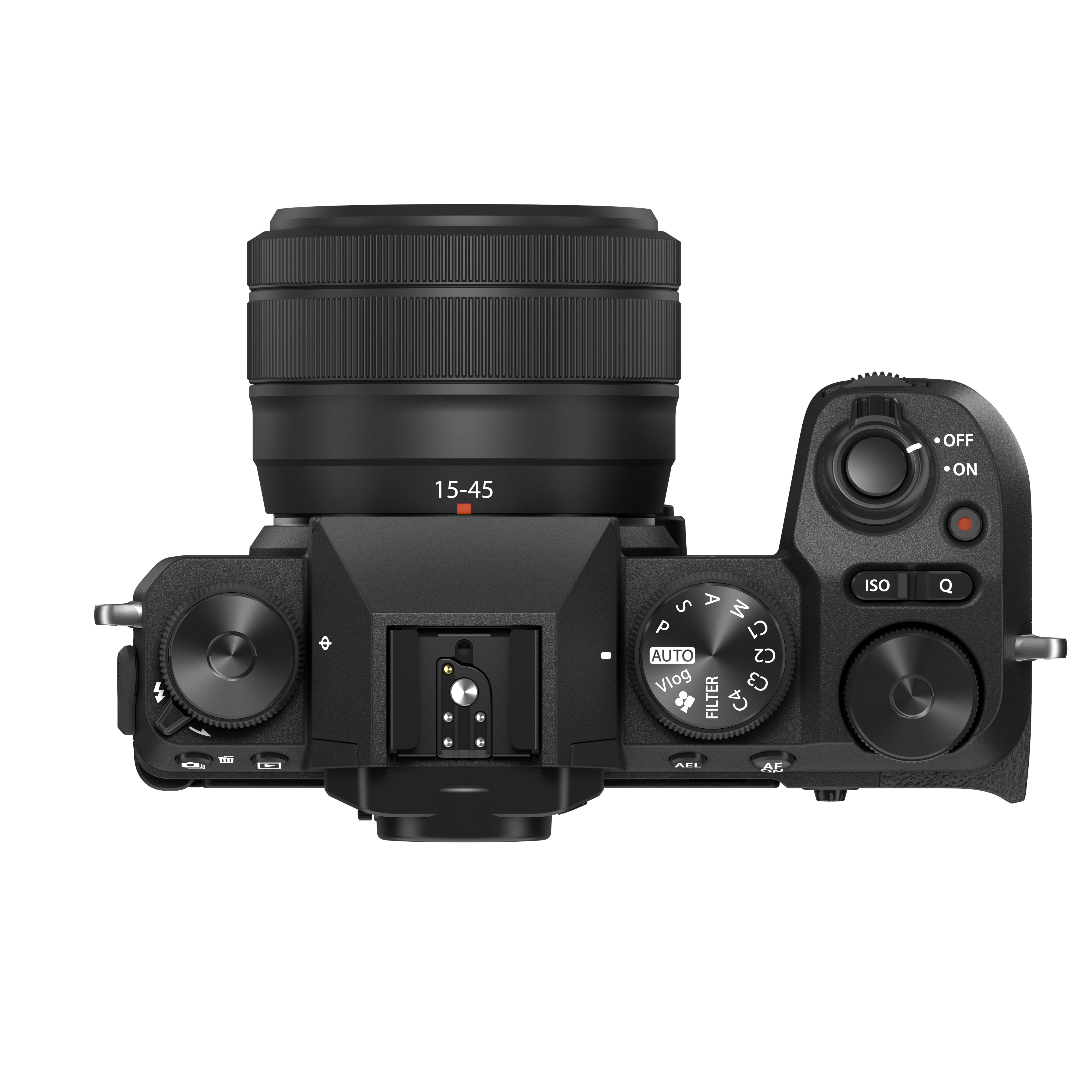 Draufsicht der Fujifilm X-S20 mit XC 15-45mm Objektiv sowie Einstellrädern und Zubehörschuh