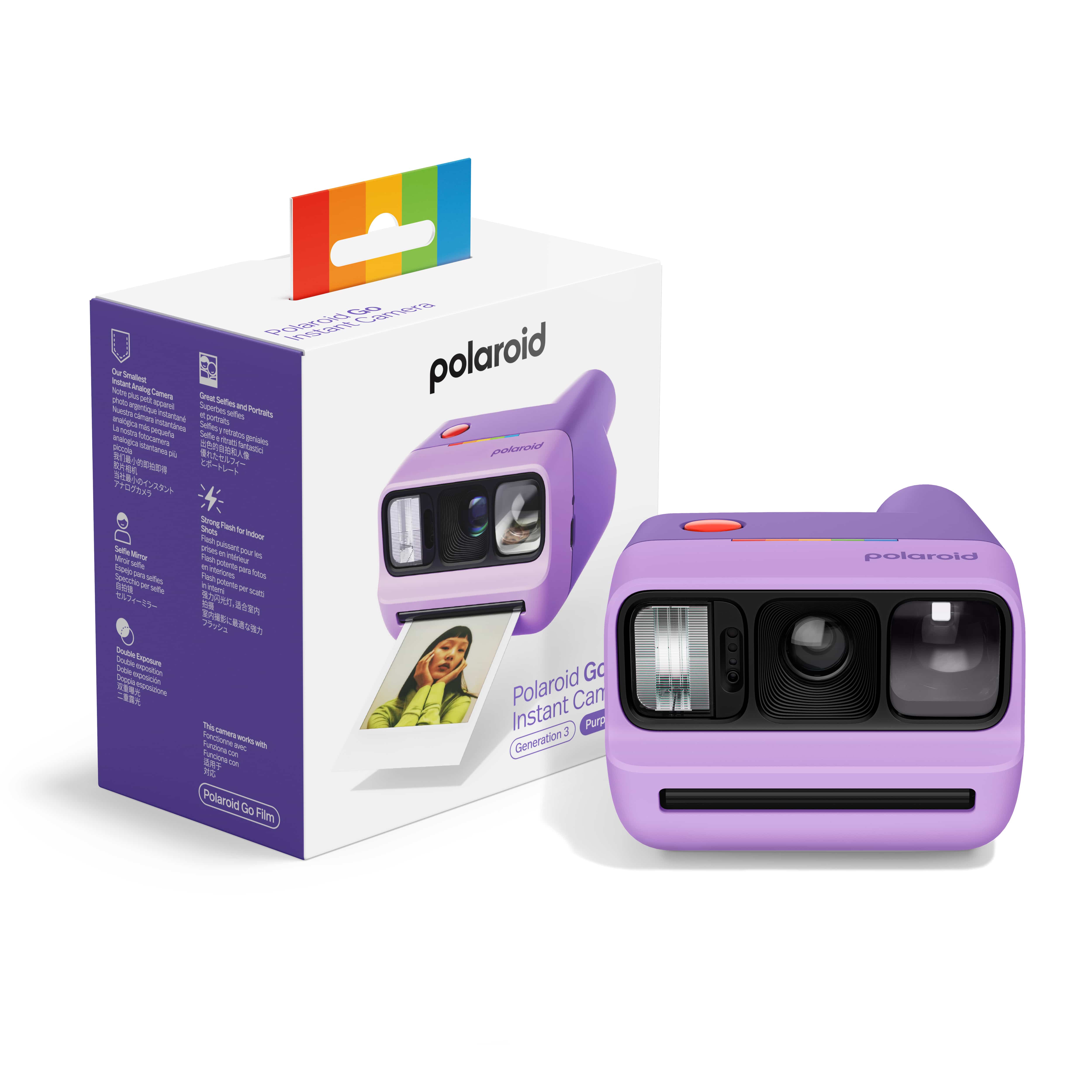 Polaroid Go Generation 3 in Lila mit Verpackung und Lieferumfang, kompakte Sofortbildkamera im Set