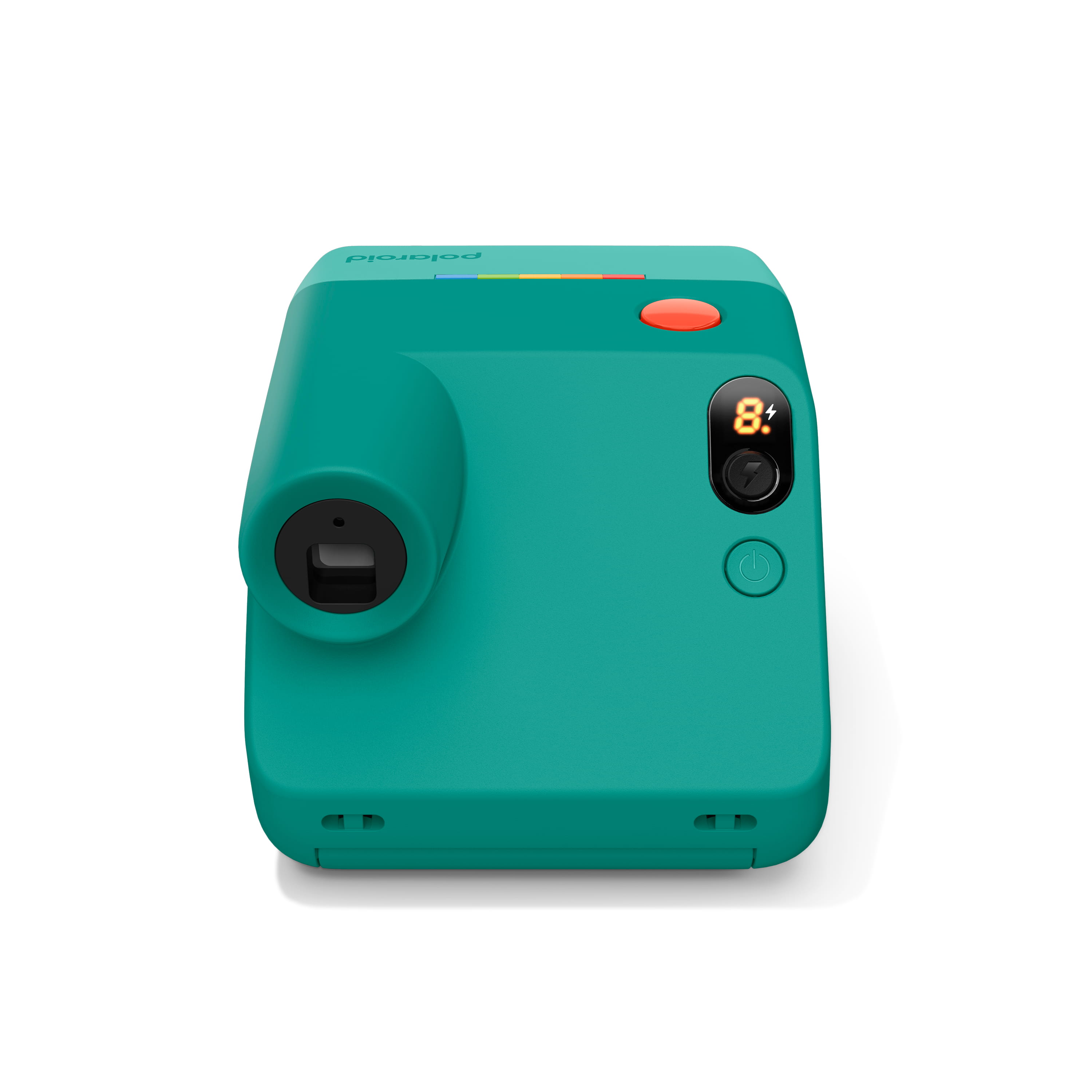 Polaroid Go Generation 3 in Türkis in Rückansicht mit Sucher, Statusanzeige und Auslöser
