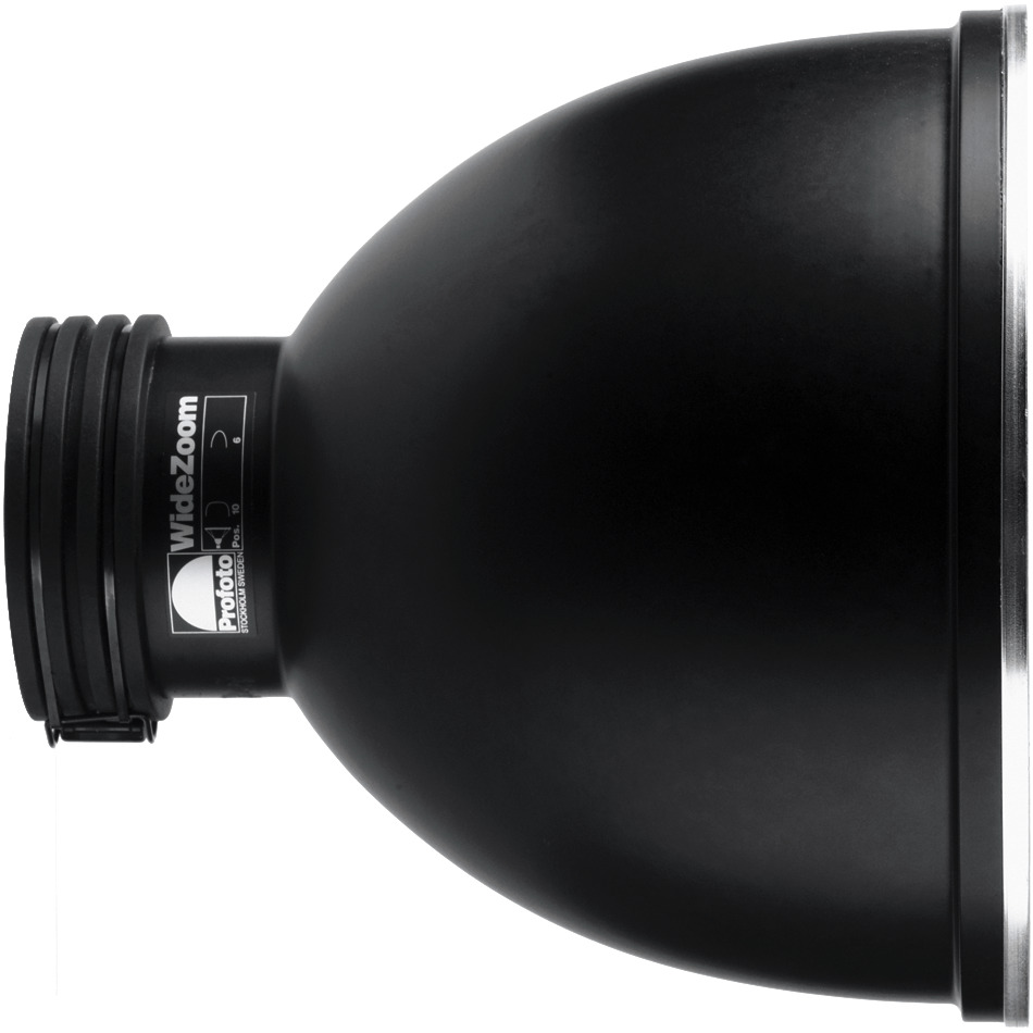 Profoto WideZoom Reflektor – Seitenansicht des Lichtreflektors mit Profoto-Anschluss und Reflektorkörper.
