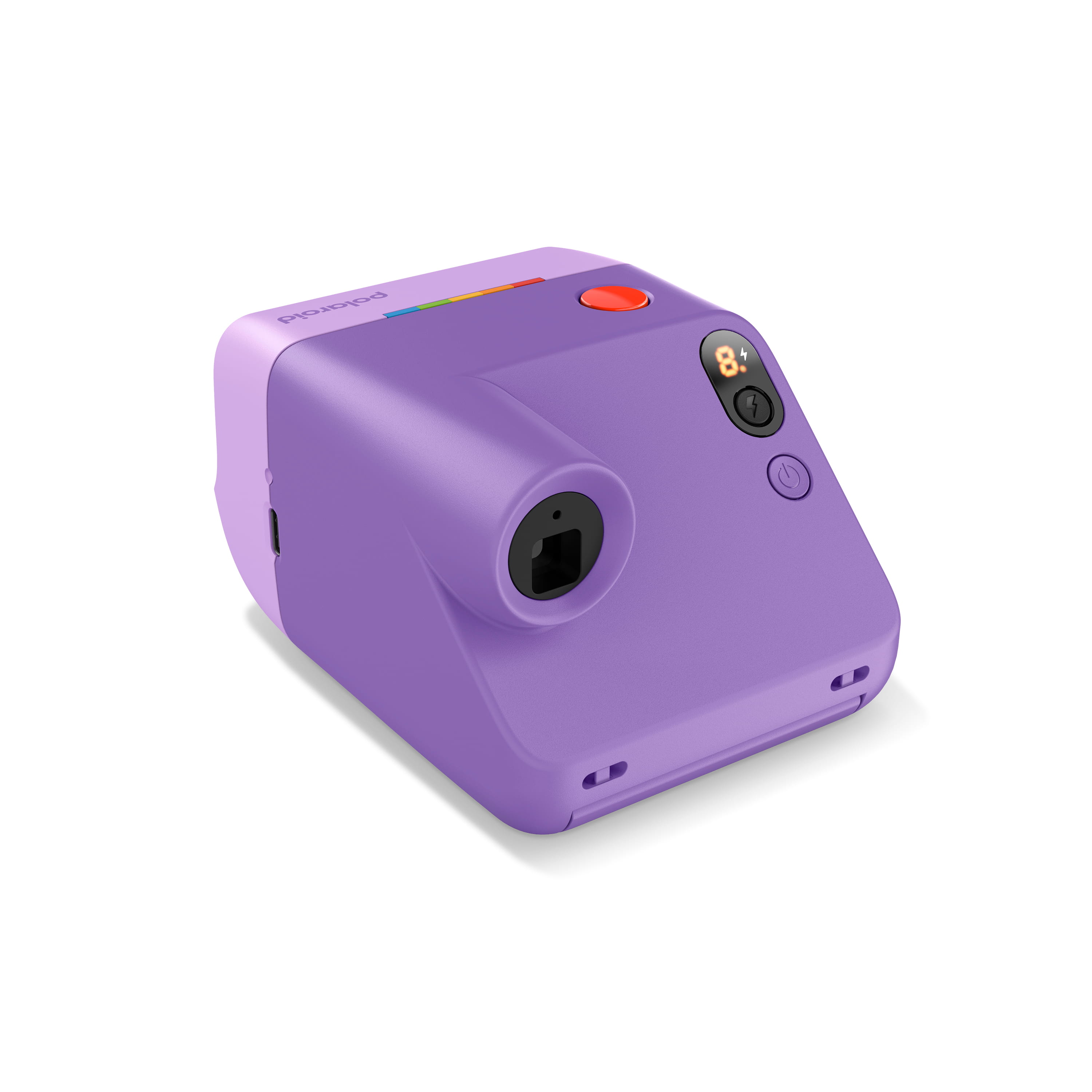 Polaroid Go Generation 3 in Lila in schräger Rückansicht mit Sucher, Display und Bedienelementen