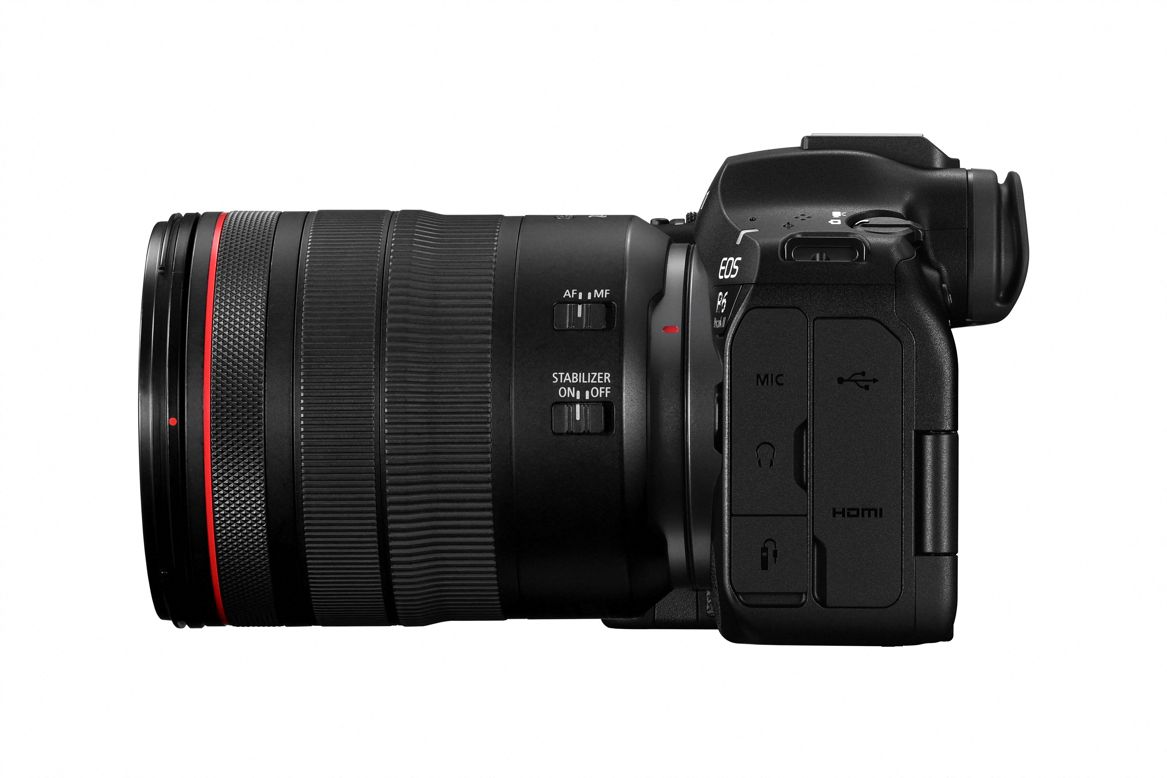 EOS R6 Mark III + RF 24-105mm F4 L IS USM Canon EOS R6 Mark III mit RF 24-105mm F4 L IS USM – linke Seitenansicht