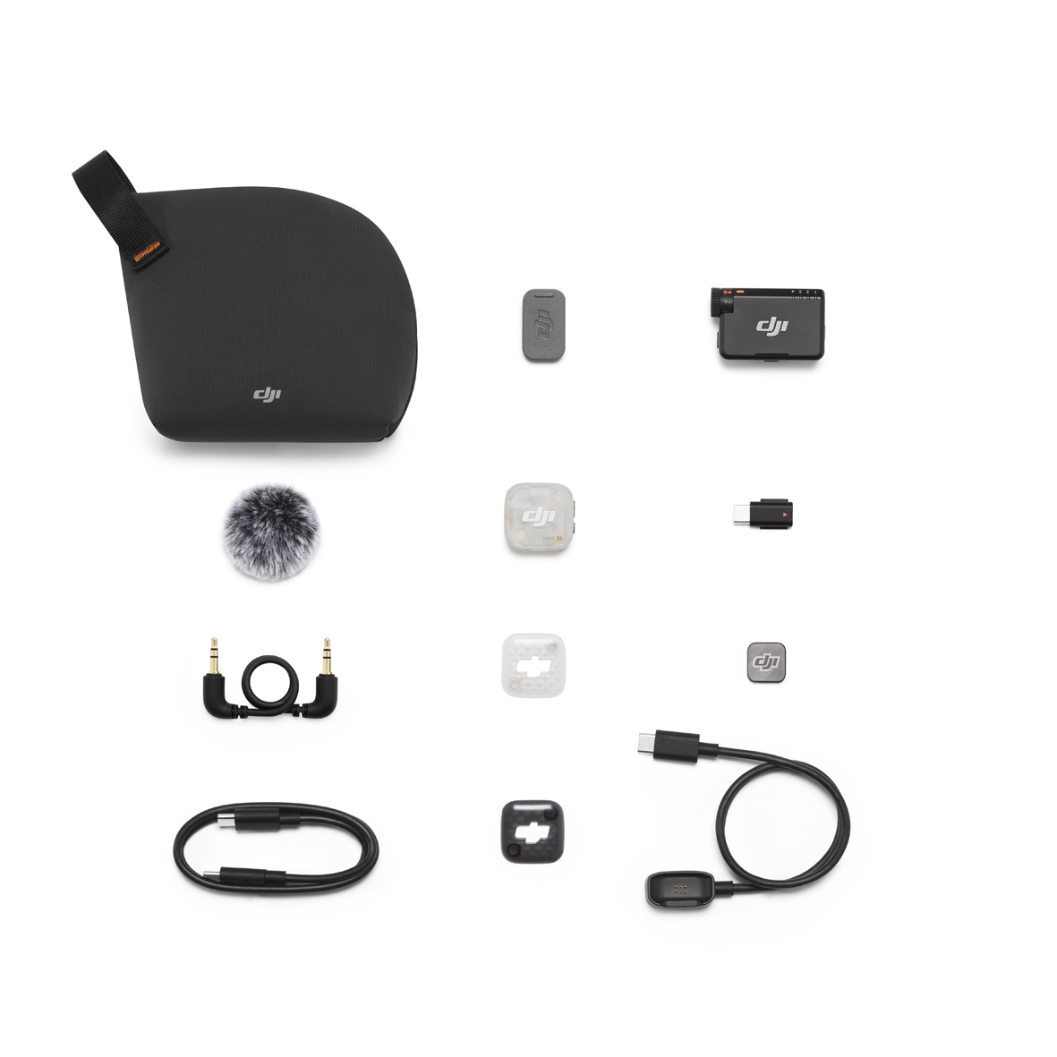 DJI Mic Mini 2S – Lieferumfang mit Transporttasche, Ladecase, Windschutz, Kabeln und Zubehör.