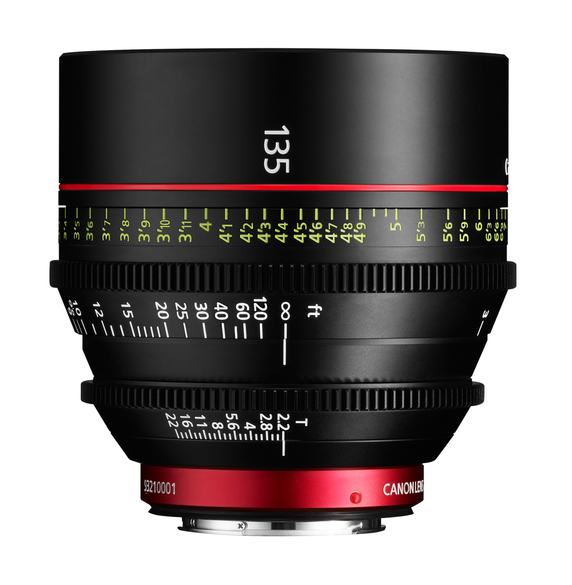 Canon CN-E 135 mm T2.2 L F Cine-Objektiv in Vorderansicht mit Fokus- und Blendenmarkierungen.