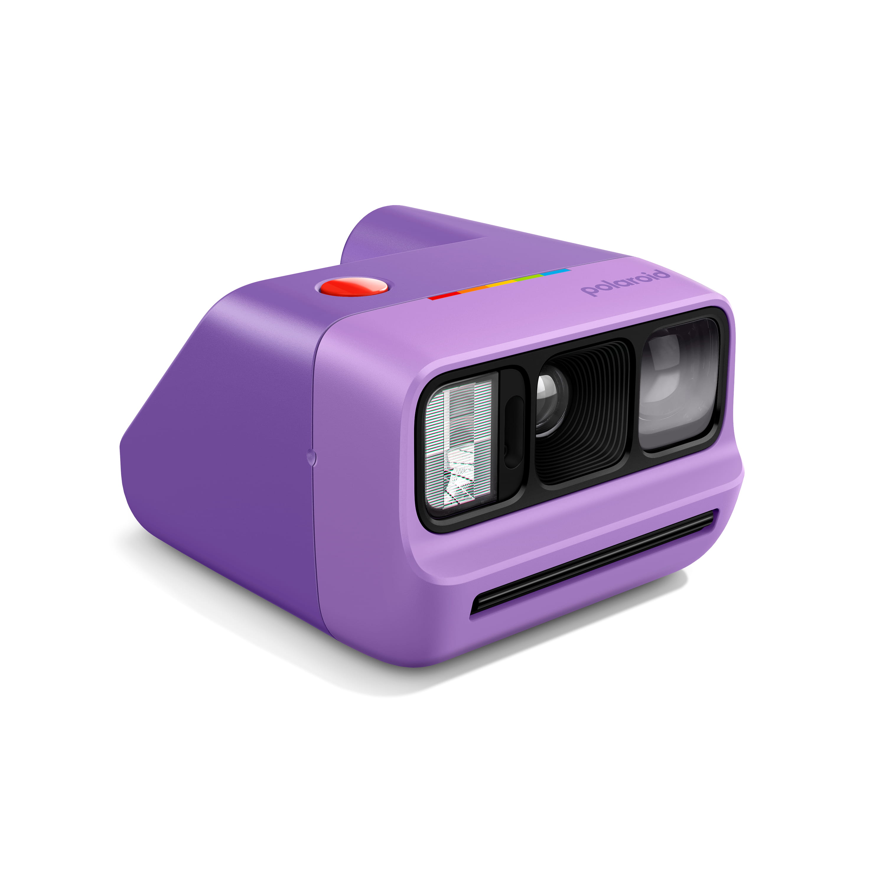 Polaroid Go Generation 3 in Lila in schräger linker Vorderansicht mit Objektiv und Filmausgabe