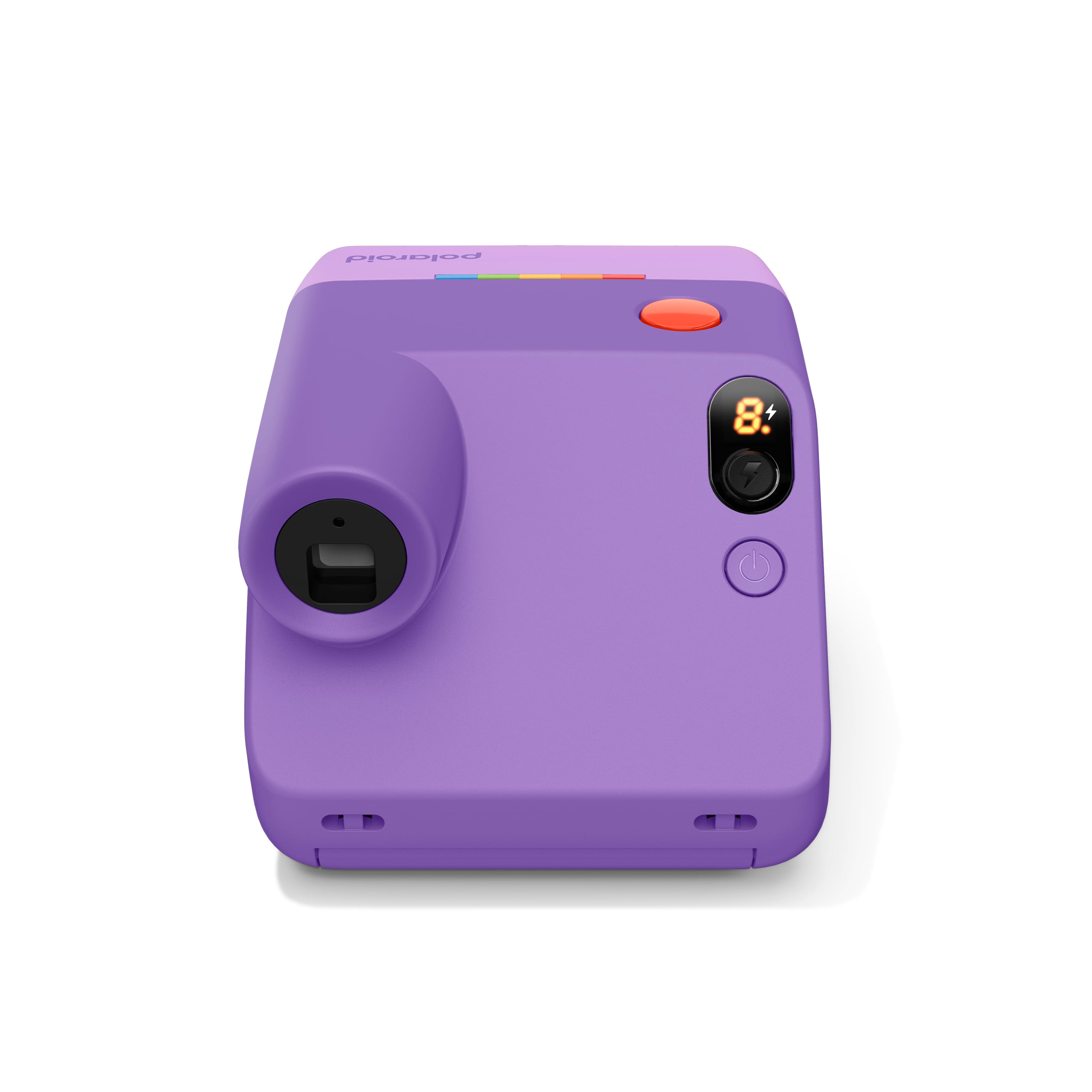 Polaroid Go Generation 3 in Lila in Rückansicht mit Sucher, Statusanzeige und Auslöser