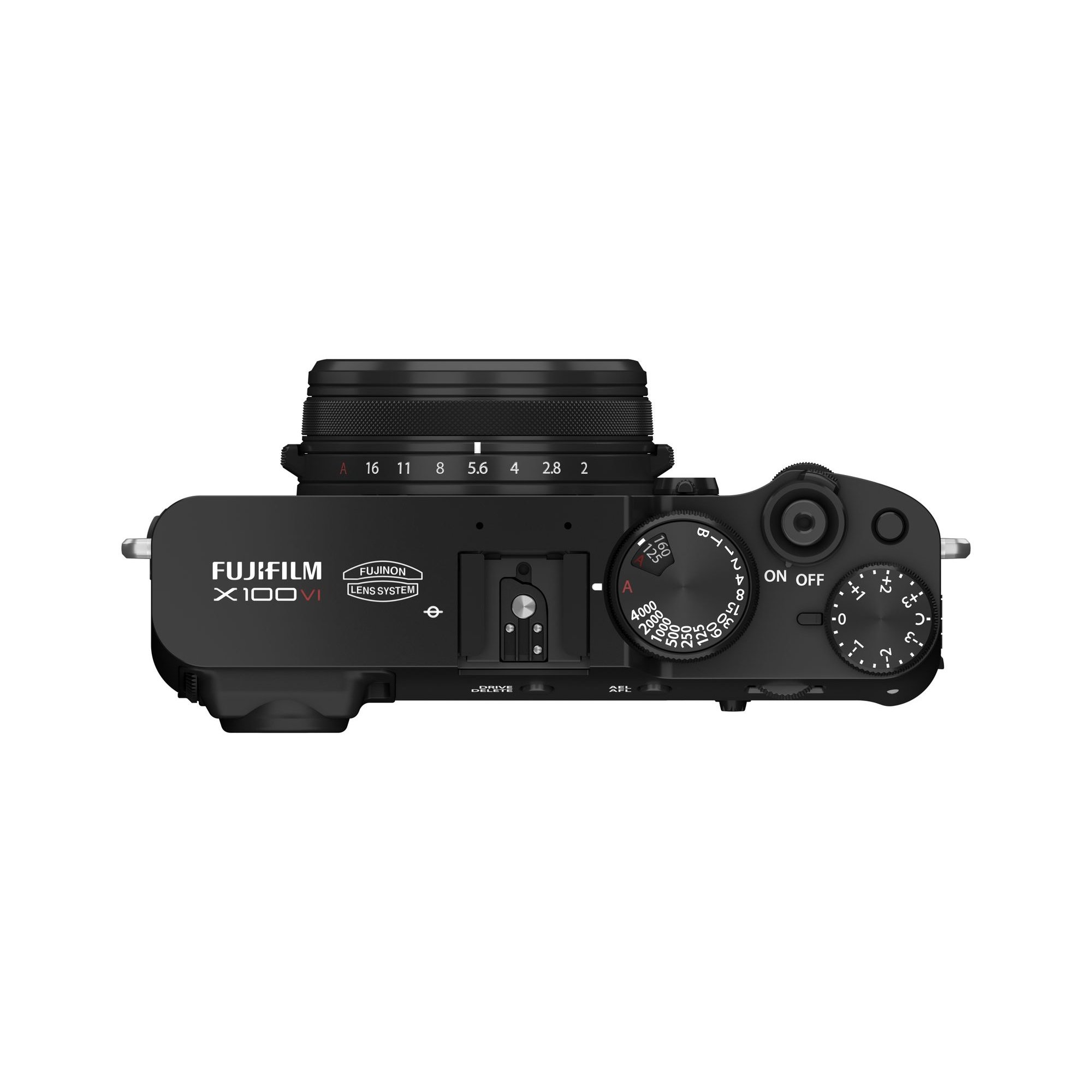 Fujifilm X100VI in Schwarz – Draufsicht mit Einstellrädern, Auslöser und Blitzschuh der Kamera