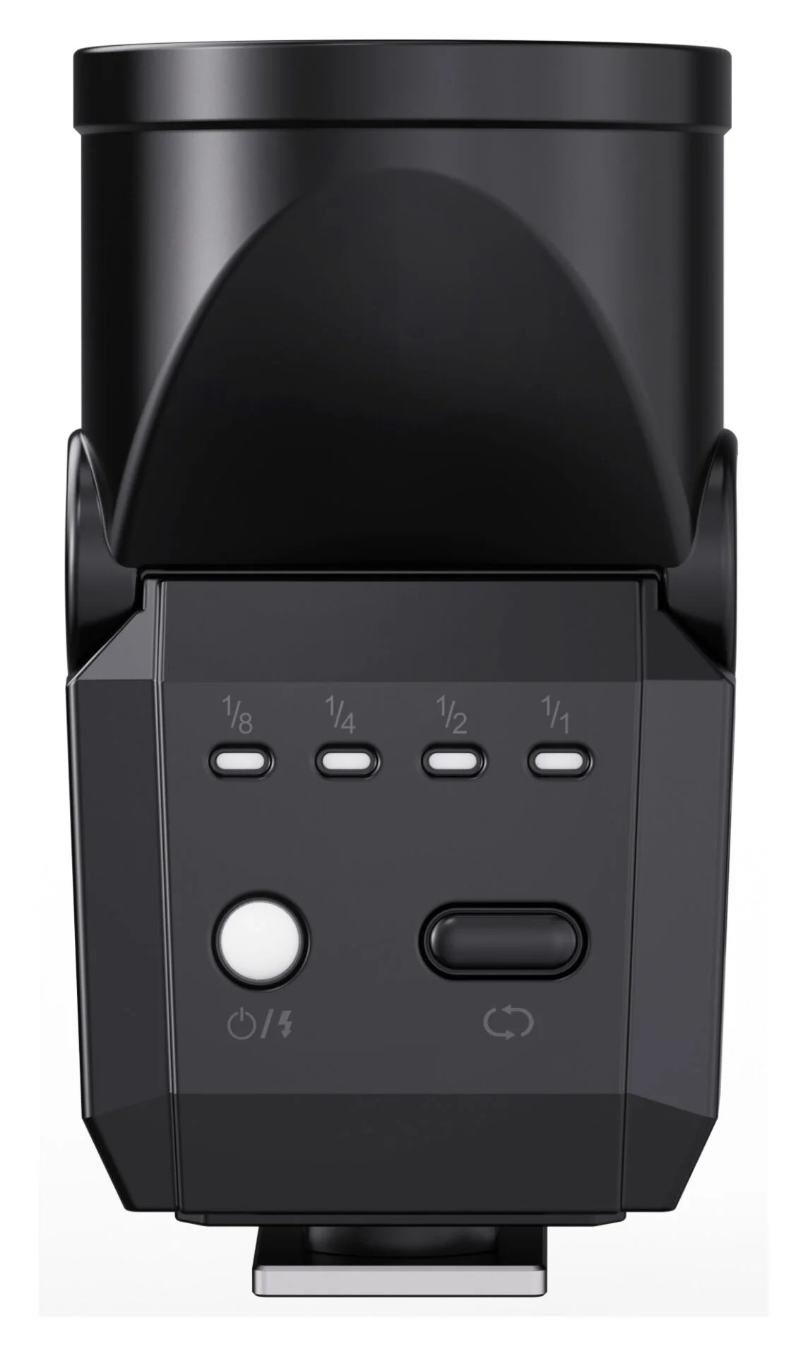 Elea Mini Blitz Newell Elea Mini-Blitzgerät, Detailansicht des Bedienfelds mit Leistungsstufen 1/8 bis 1/1