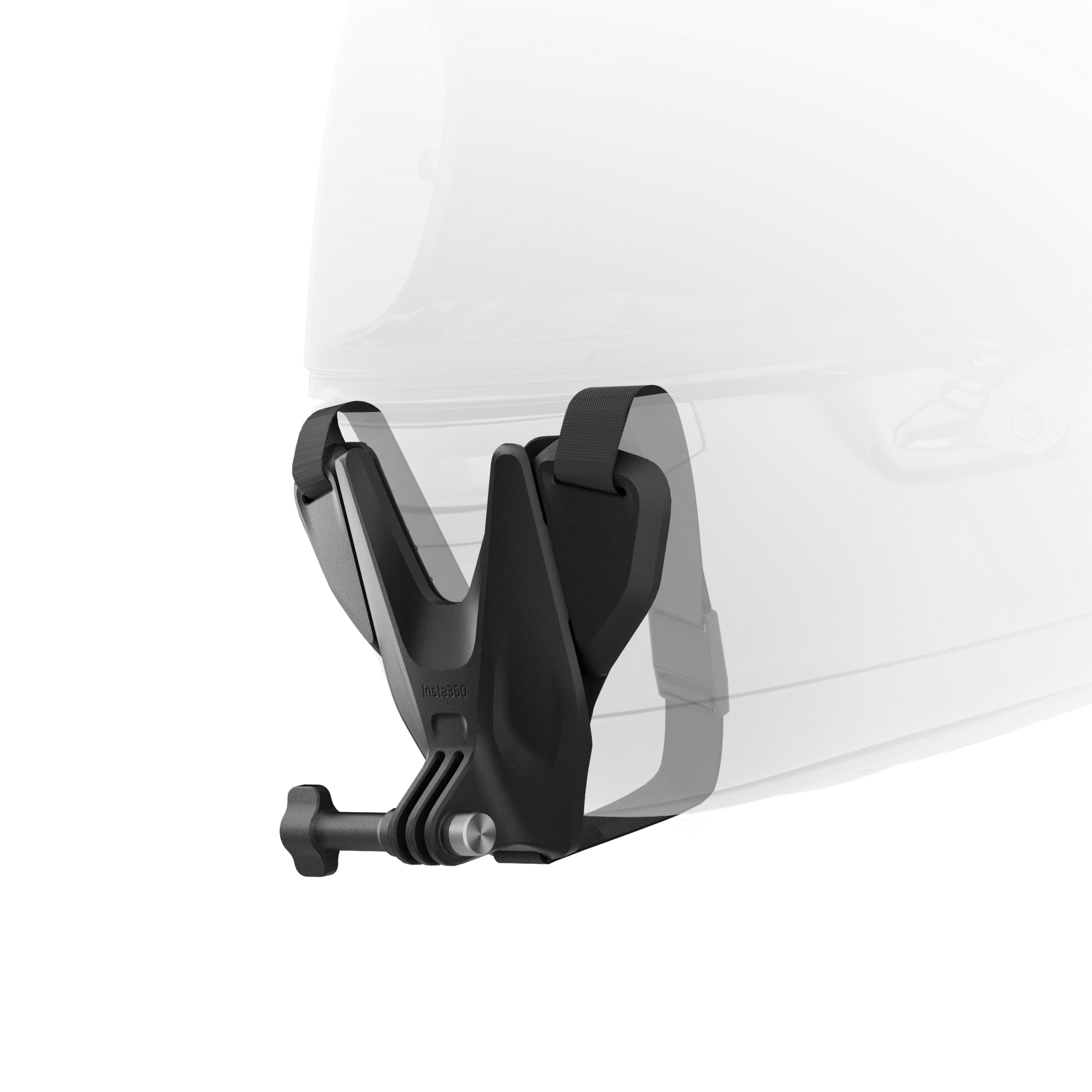 nsta360 Kinnhalterung 2.0 – schräge Ansicht der montierten Halterung an einem Helm mit Befestigungsriemen