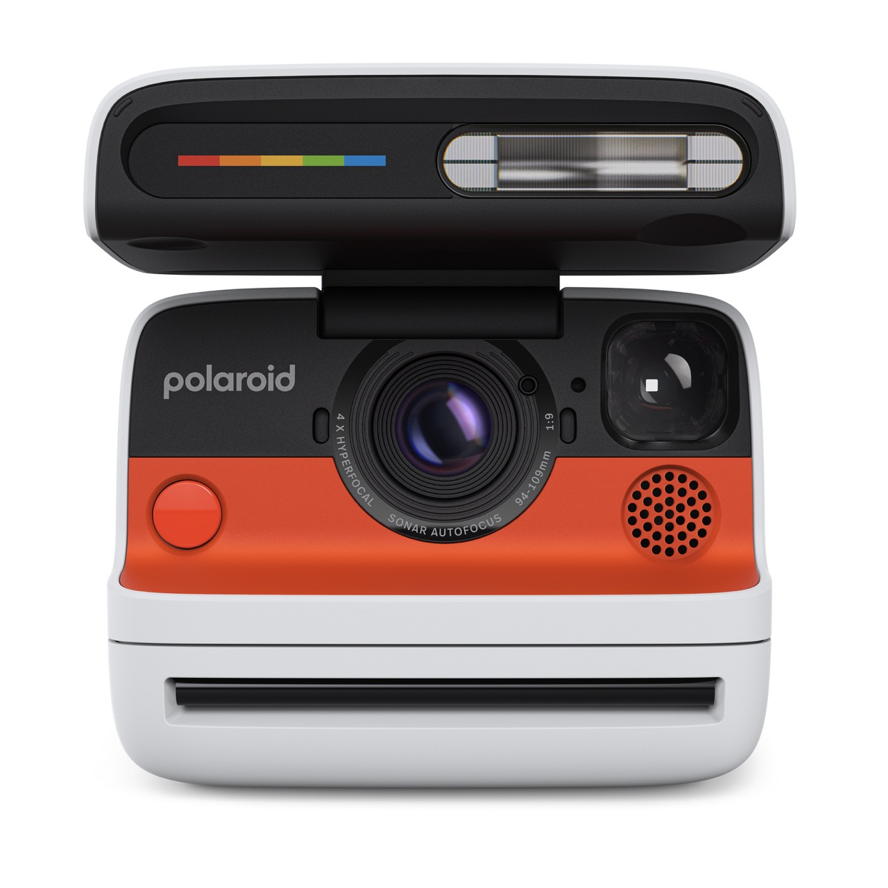 Polaroid Flip Sofortbildkamera in Weiß – Vorderansicht mit Objektiv, integriertem Blitz und Auswurfschlitz für Sofortbilder
