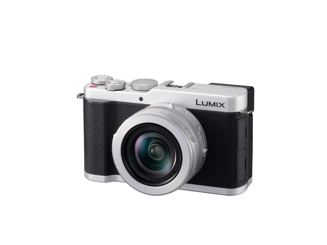 Panasonic Lumix L10 in Silber – schräge Vorderansicht mit Leica-Objektiv und Bedienelementen