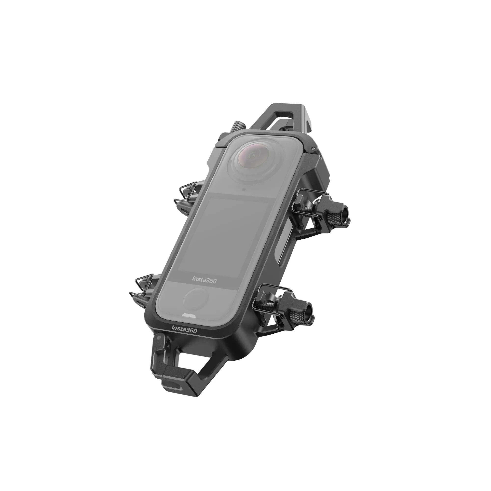 Insta360 Water Sports Rope Mount für Insta360 X4 Air in schräger Ansicht mit eingesetzter Kamera und Klemmbefestigung