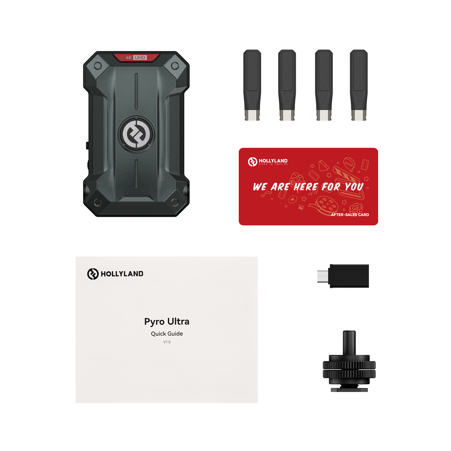 Hollyland Pyro Ultra TX – Lieferumfang mit Sender, Antennen, USB-Adapter, Schnellstartanleitung und Zubehör