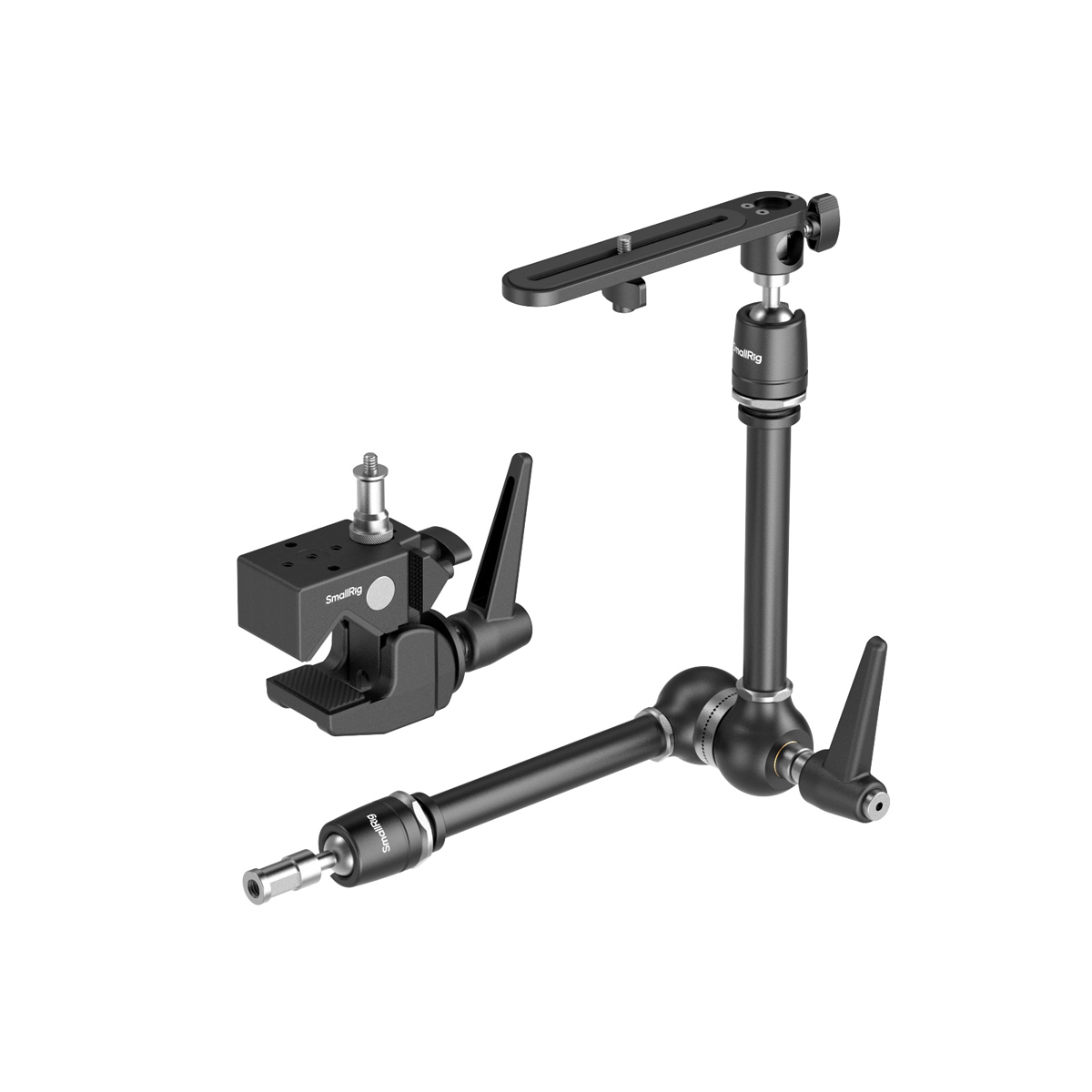 SmallRig 4862 Super Clamp mit Magic Arm – Set mit Klemme, Gelenkarm und Montageplatte in Einzelteilen dargestellt