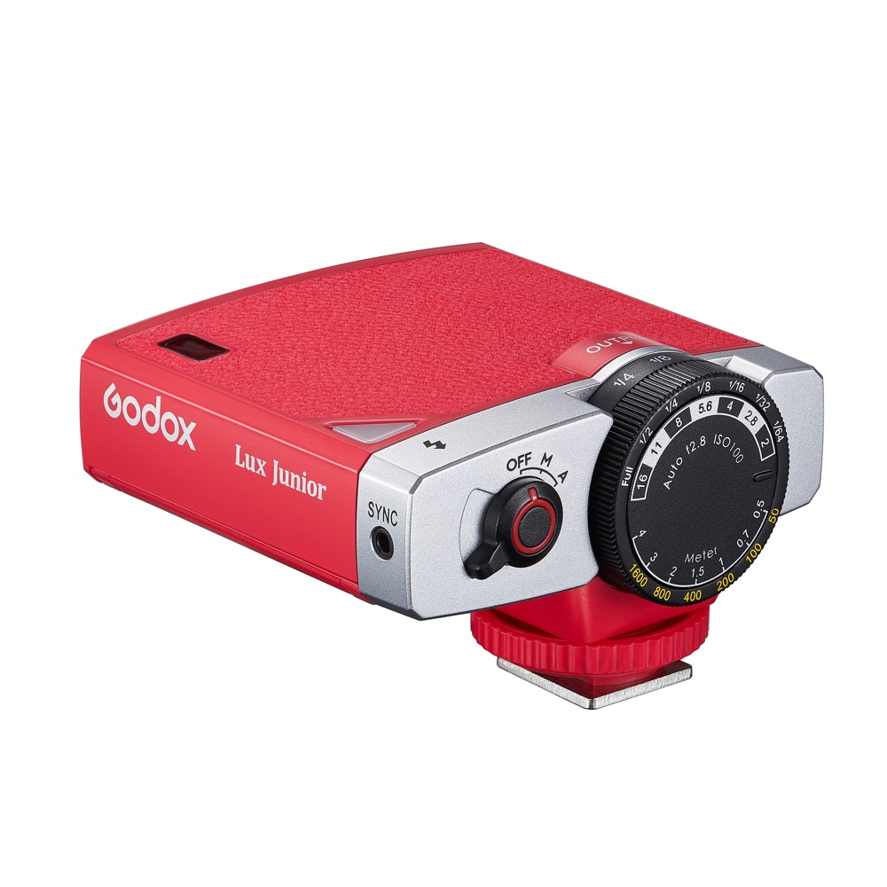 Godox Lux Junior Blitzgerät in Rot – schräge Rückansicht mit Einstellrad für ISO, Blende und Blitzleistung