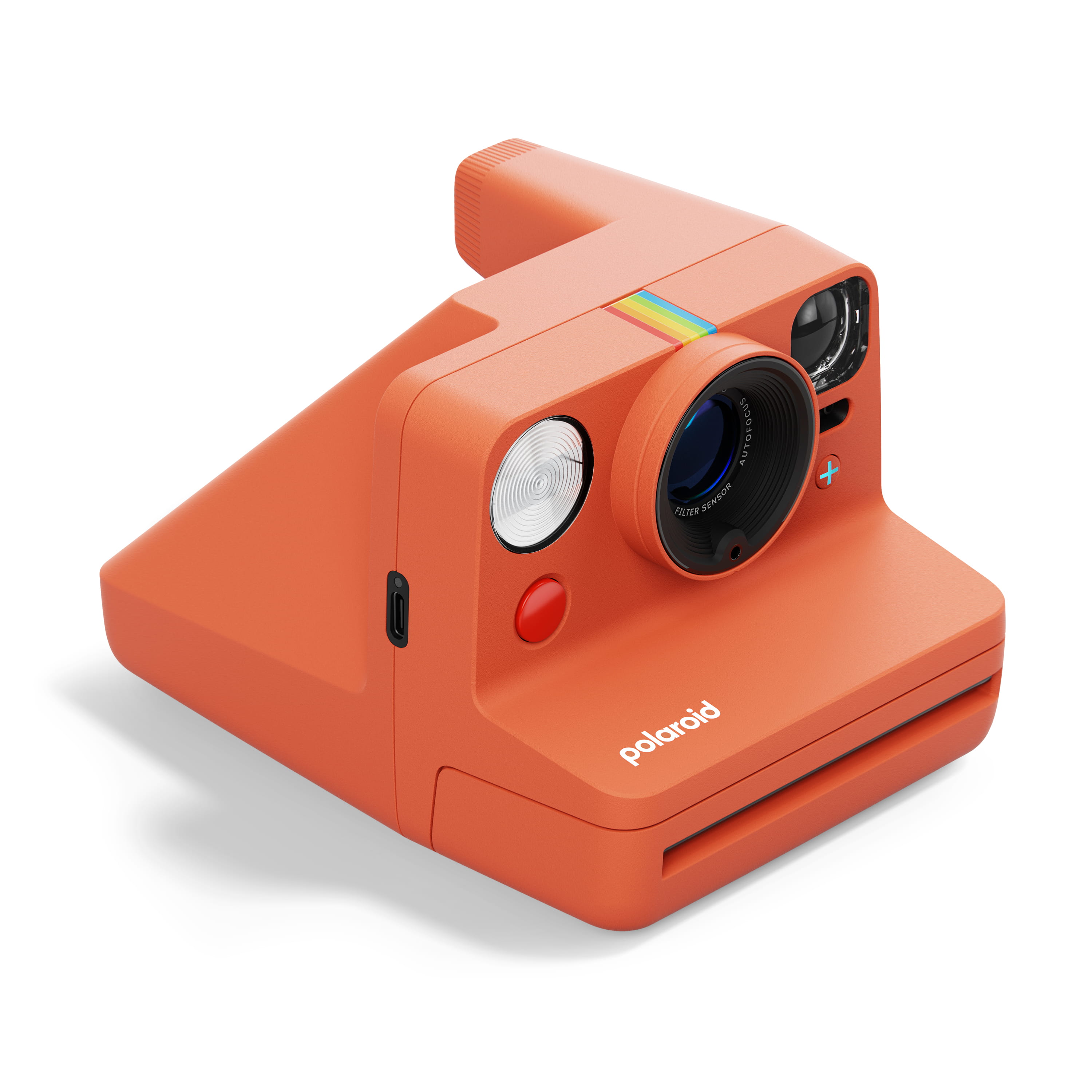 Polaroid Now Gen 3 Plus orange – schräge Vorderansicht mit Objektiv, Blitz und Auslöser